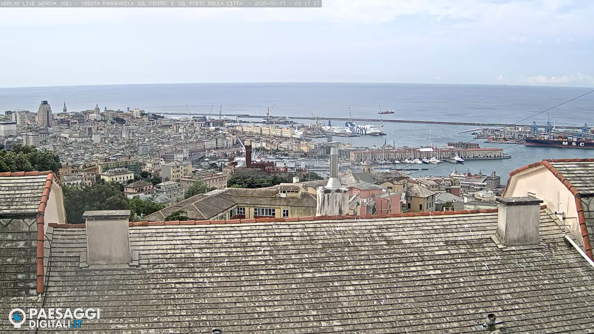 A panoramic view of a city with a harbor and ocean under a mostly clear sky shows a cityscape with many buildings, a large body of water with boats and ships, and a foreground of a tiled rooftop.