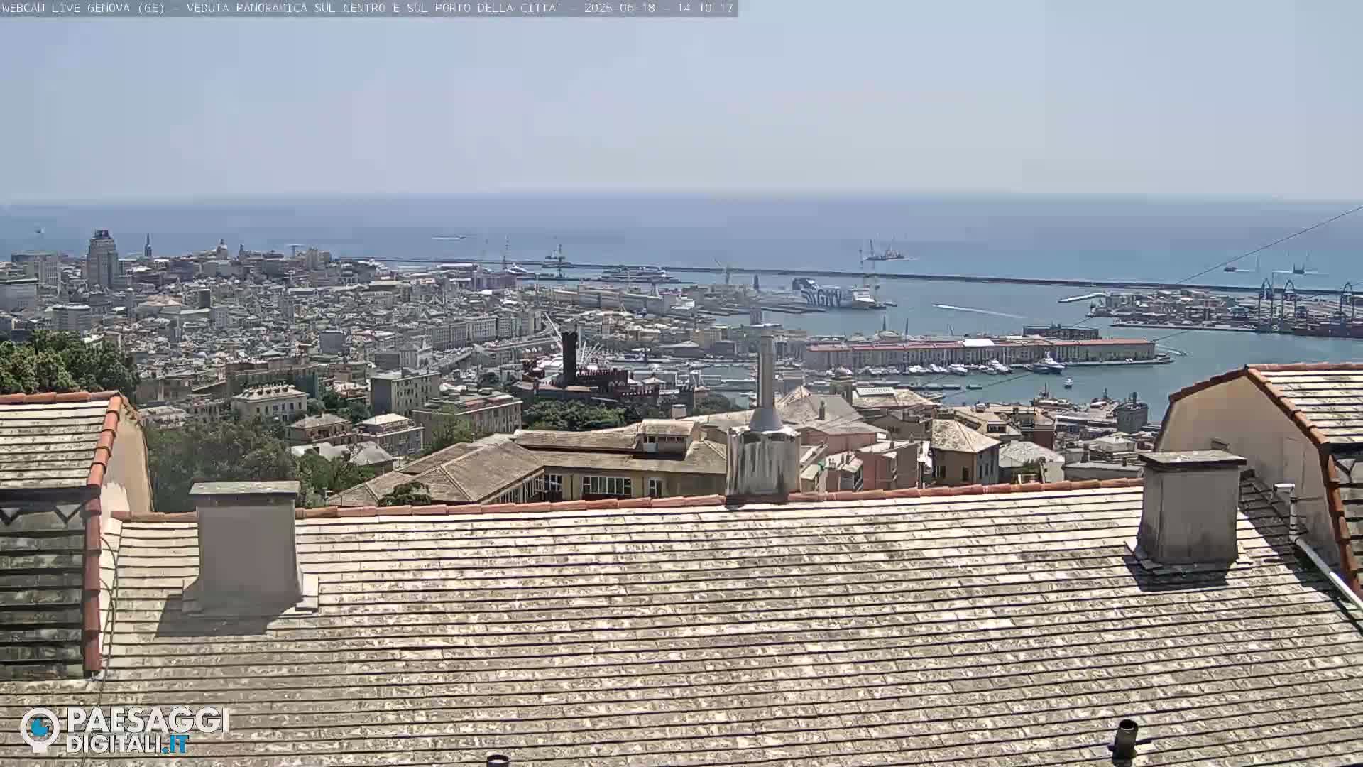 A panoramic view of a city and harbor on a sunny day, seen from a rooftop.