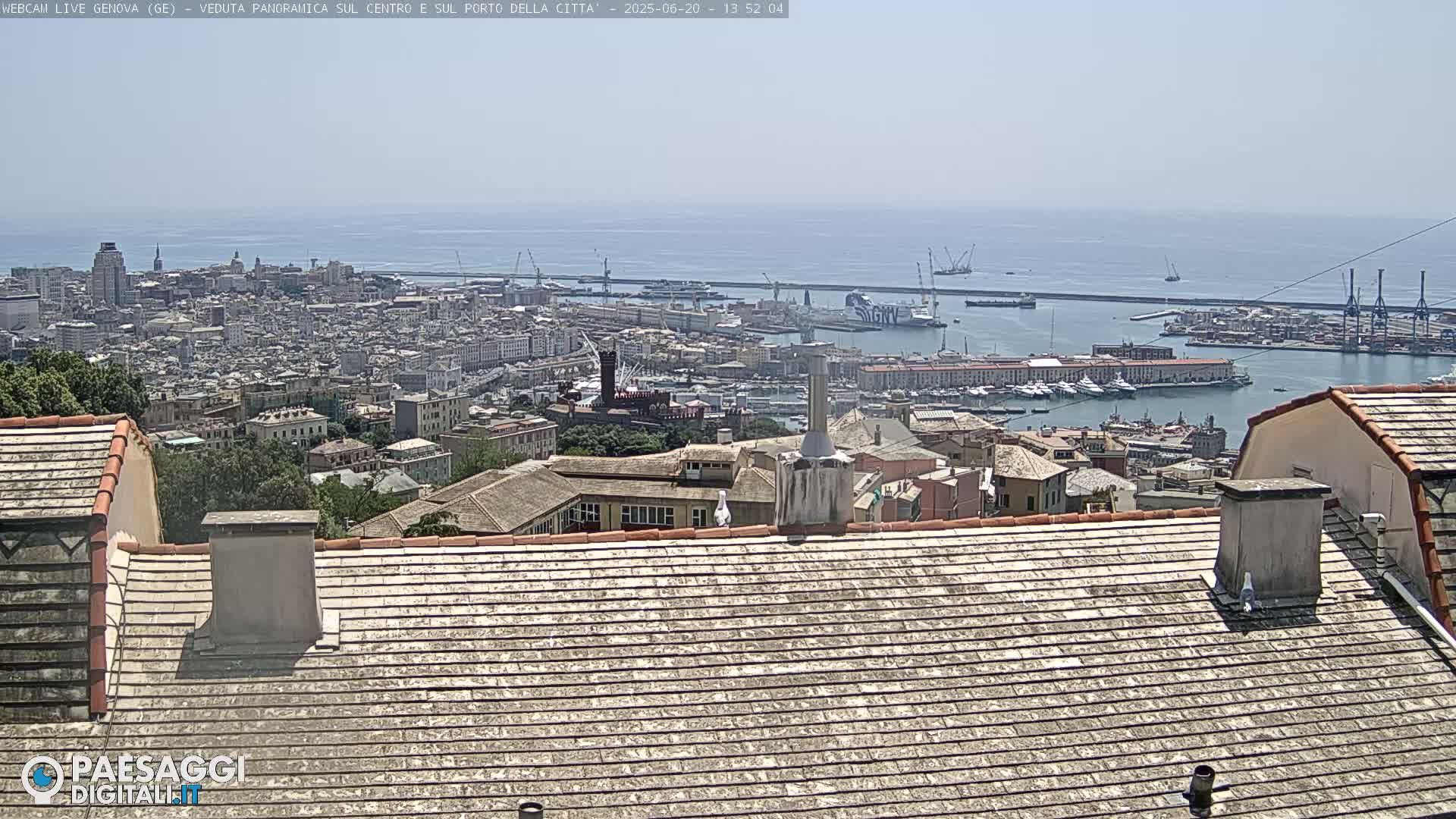 A panoramic view of a city and harbor on a sunny day, seen from a rooftop with weathered tiling.