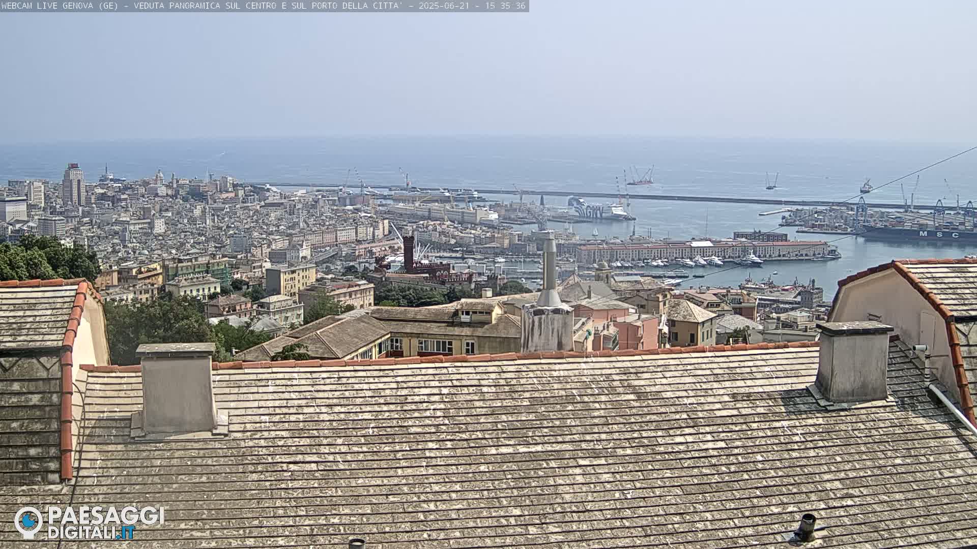 A hazy, sunny day overlooks a sprawling city and harbor filled with ships and boats, viewed from a rooftop with weathered shingles.