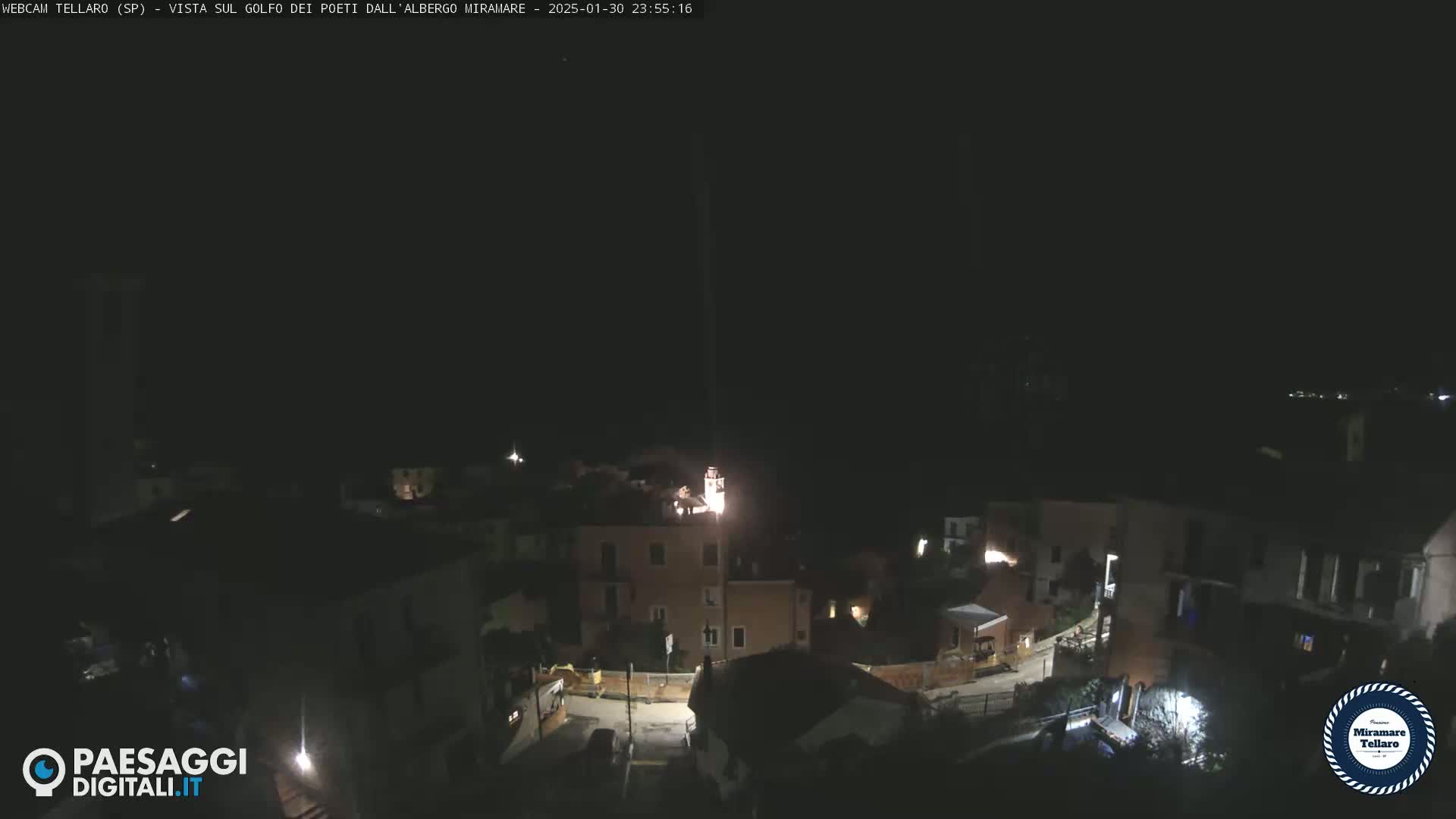 A nighttime aerial view of a small town with dimly lit buildings under a dark, clear sky.