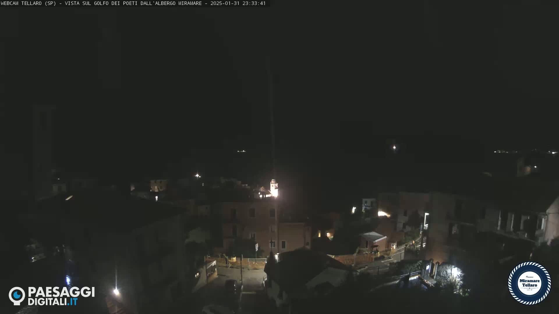 A nighttime, aerial view of a small town with dimly lit buildings under a dark, clear sky.