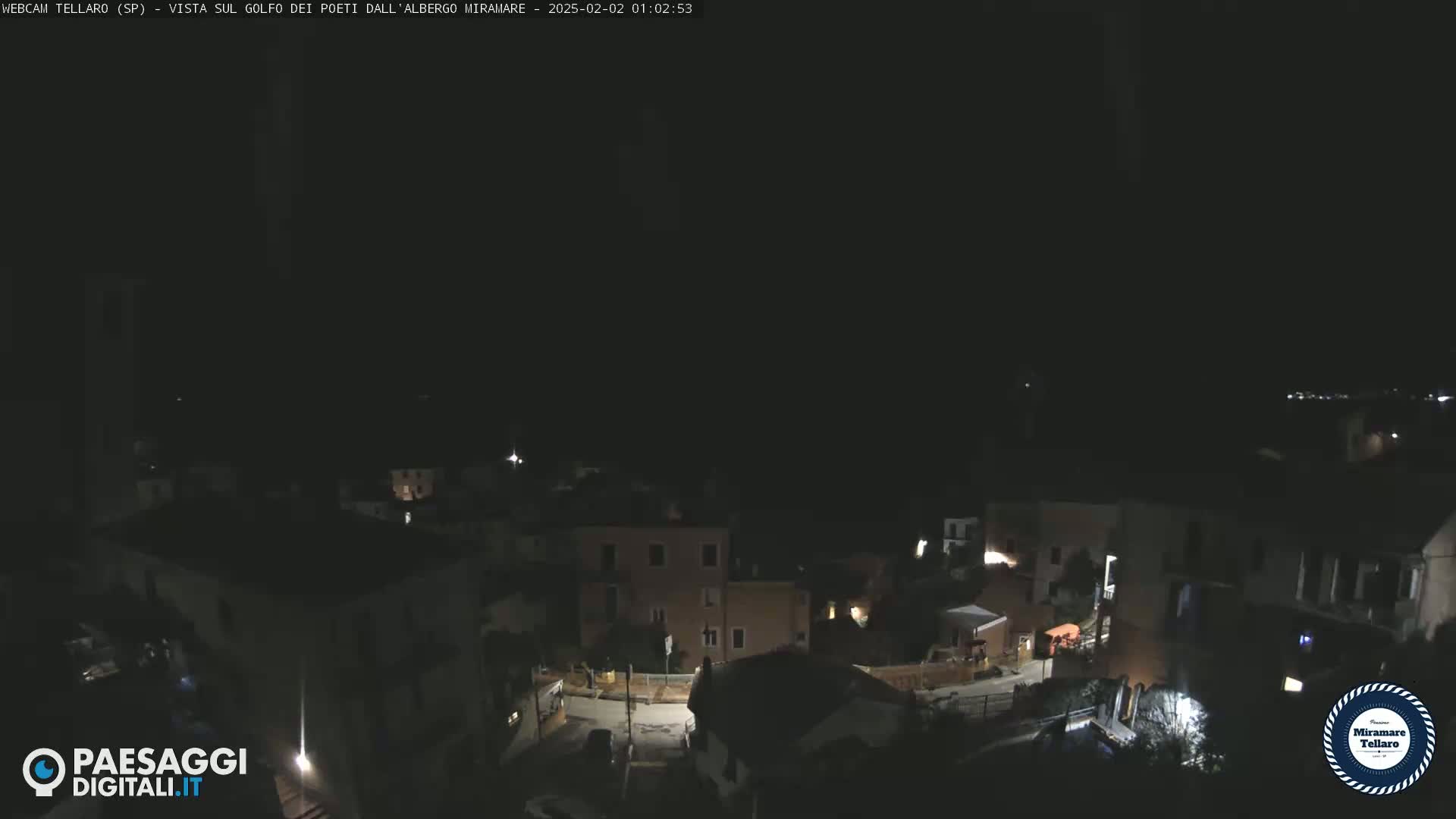 A nighttime, high-angle view of a small town with dimly lit buildings under a dark, clear sky.