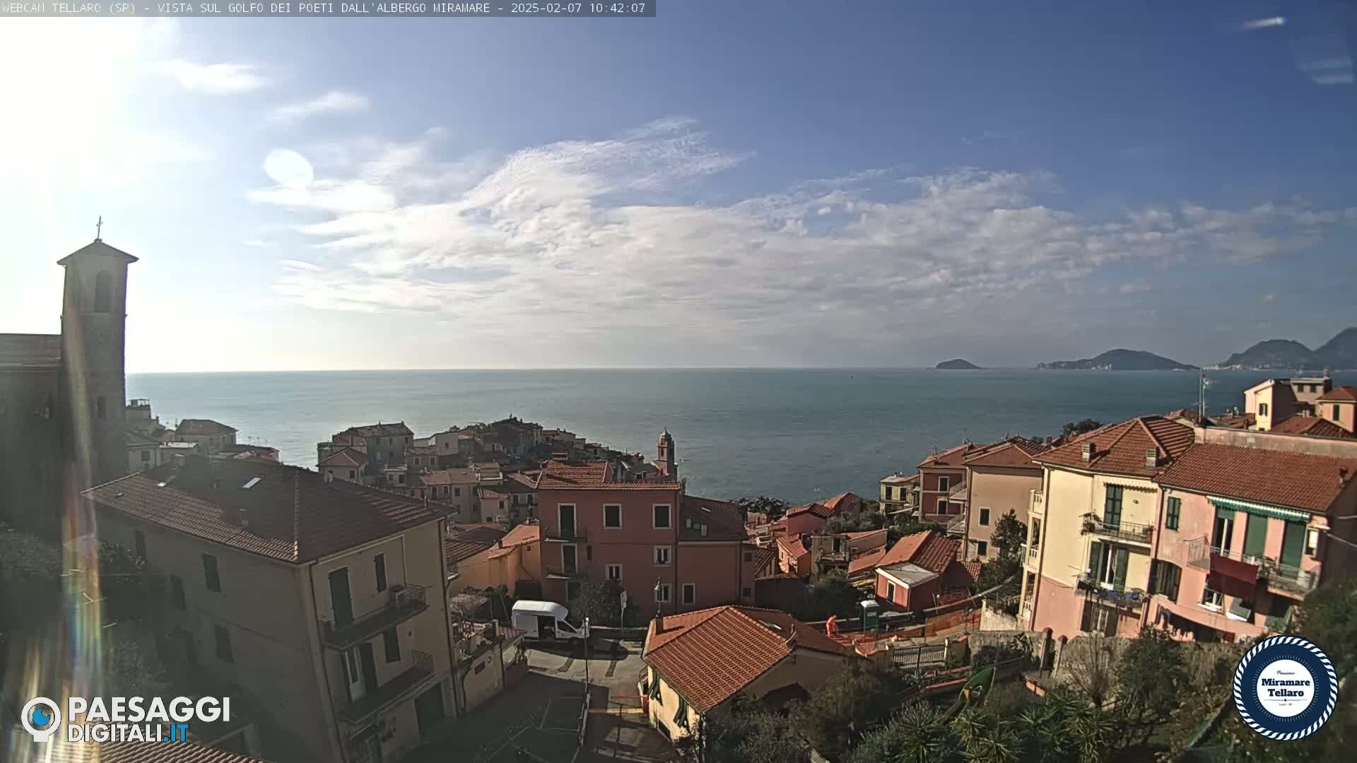 A coastal town with red-tiled roofs overlooks a calm sea under a mostly sunny sky with some scattered clouds.