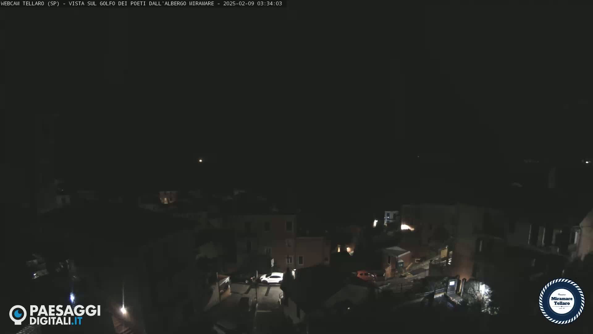A nighttime, overhead view of a dimly lit town, with a few scattered lights visible against a dark sky.