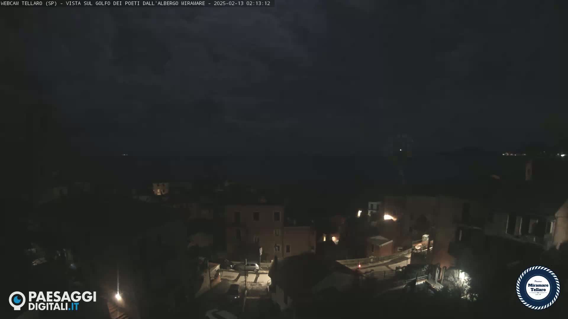 A nighttime, overcast view of a small town nestled near a dark body of water.