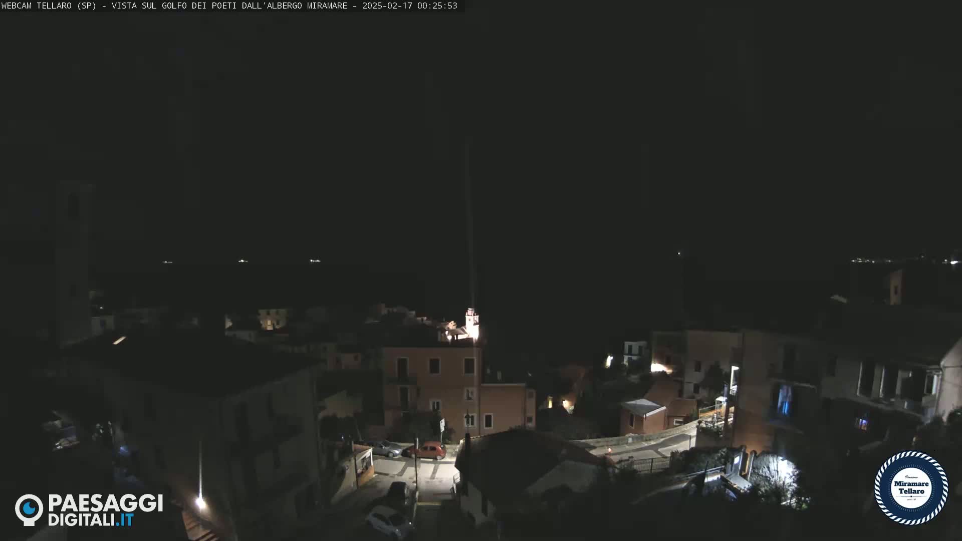 A nighttime, high-angle view of a small town nestled on a hillside overlooking a dark body of water.