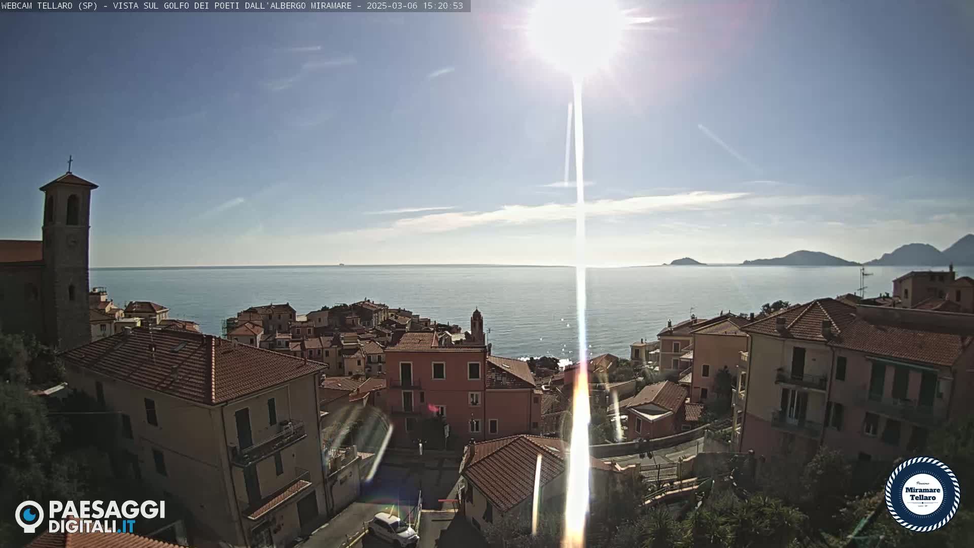 A sunny coastal town overlooks a calm sea with distant hills under a mostly clear sky.