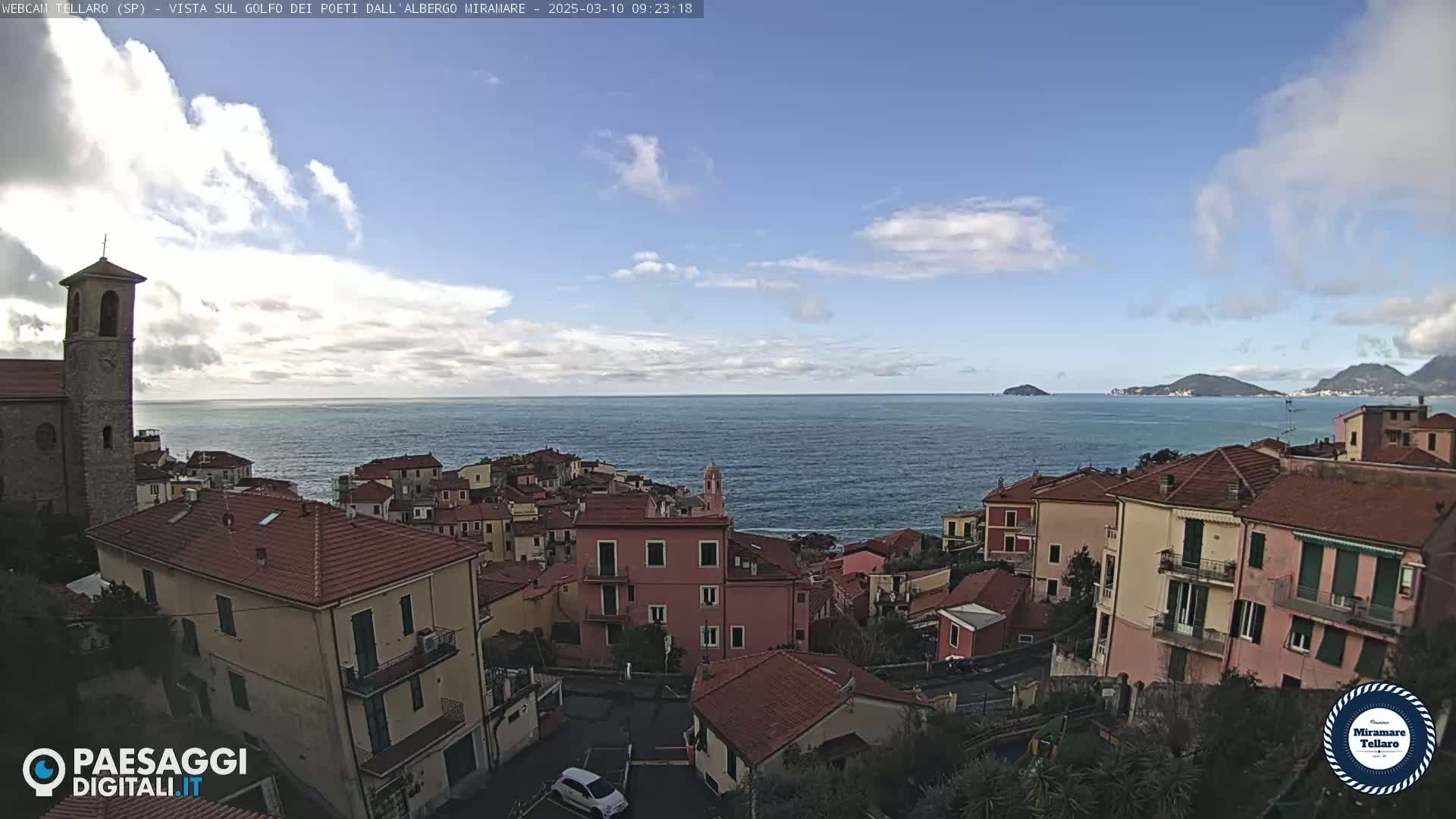 A coastal town with red-tiled roofs overlooks a calm sea under a partly cloudy sky.
