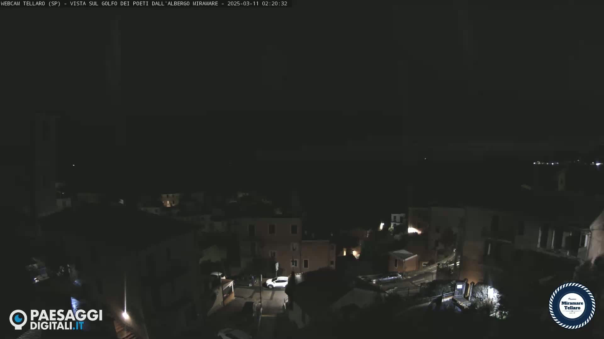 A nighttime, high-angle view of a dimly lit town situated near a dark body of water.