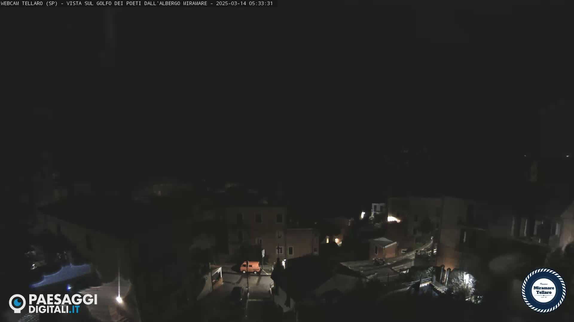 A nighttime, overhead view of a dimly lit town with a few cars and houses visible under a dark sky.