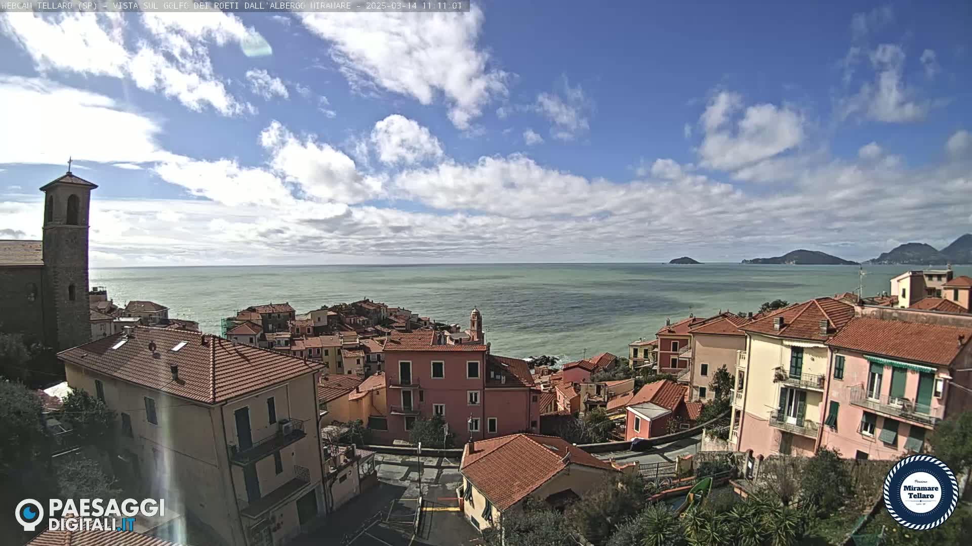 A coastal town with red-tiled roofs overlooks a calm sea under a partly cloudy sky.
