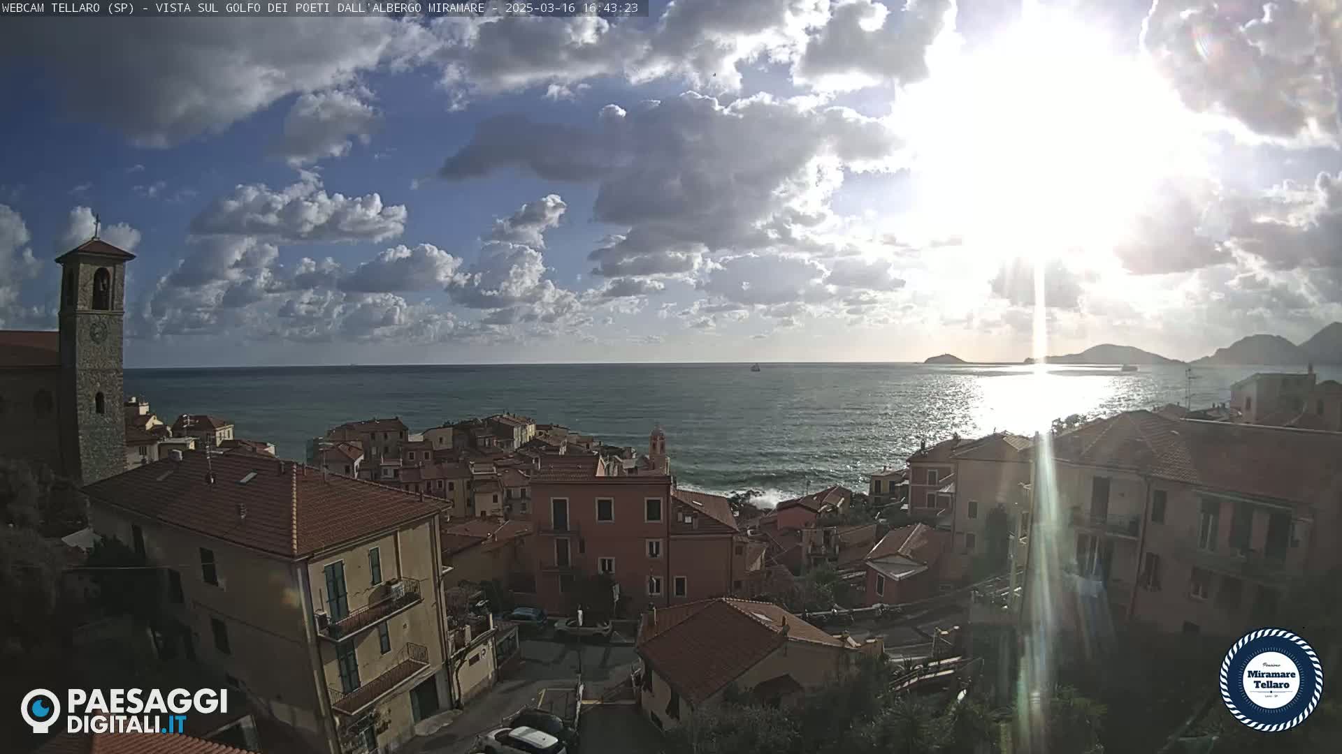 A coastal town with red-tiled roofs overlooks a partly sunny sea under a partly cloudy sky.