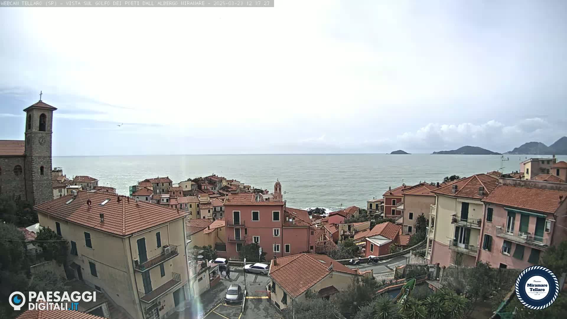 A coastal town with red-tiled roofs and a church steeple overlooks a calm sea under a mostly cloudy sky.
