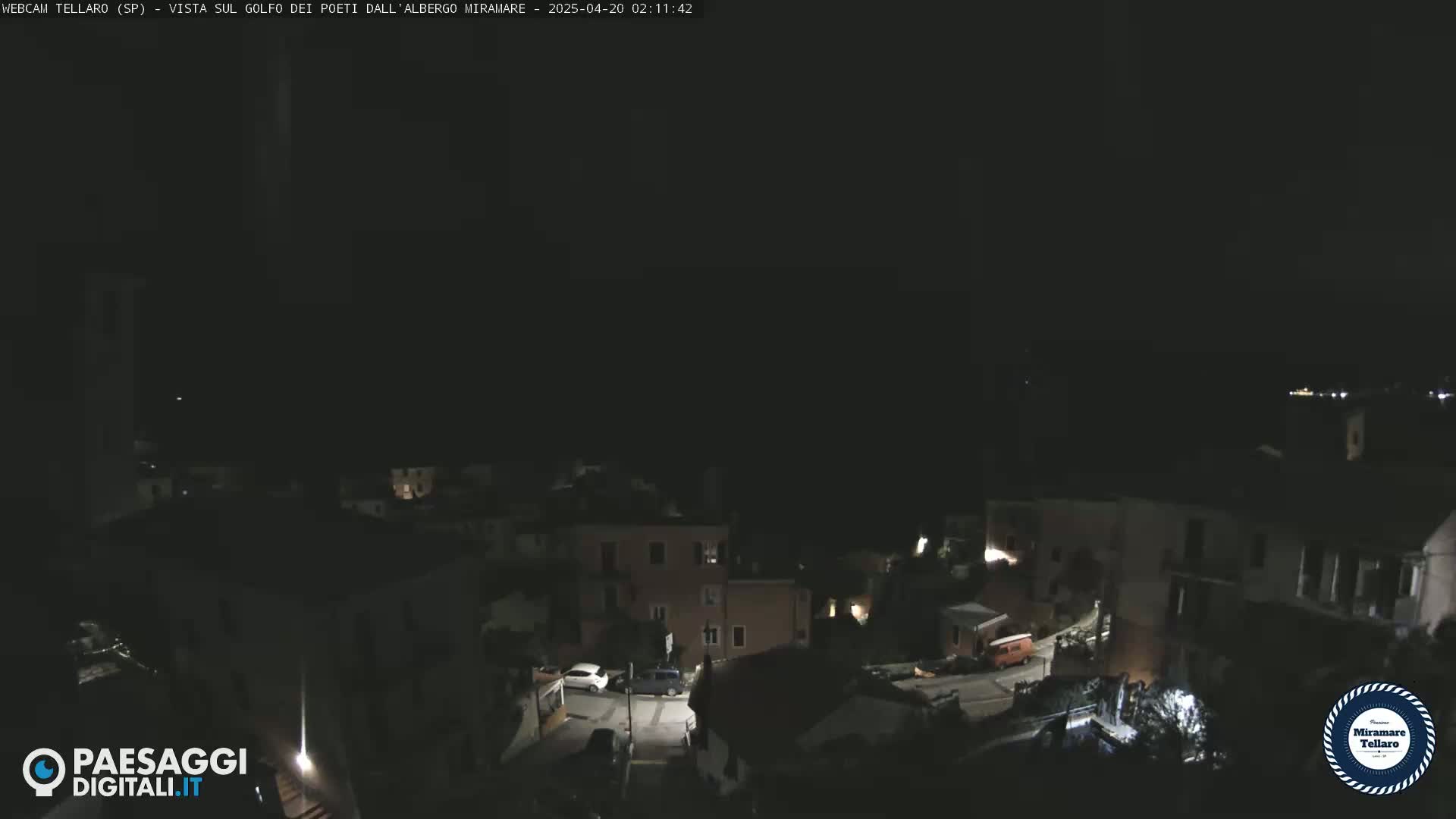 A nighttime, overhead view of a small town with dimly lit buildings and streets.