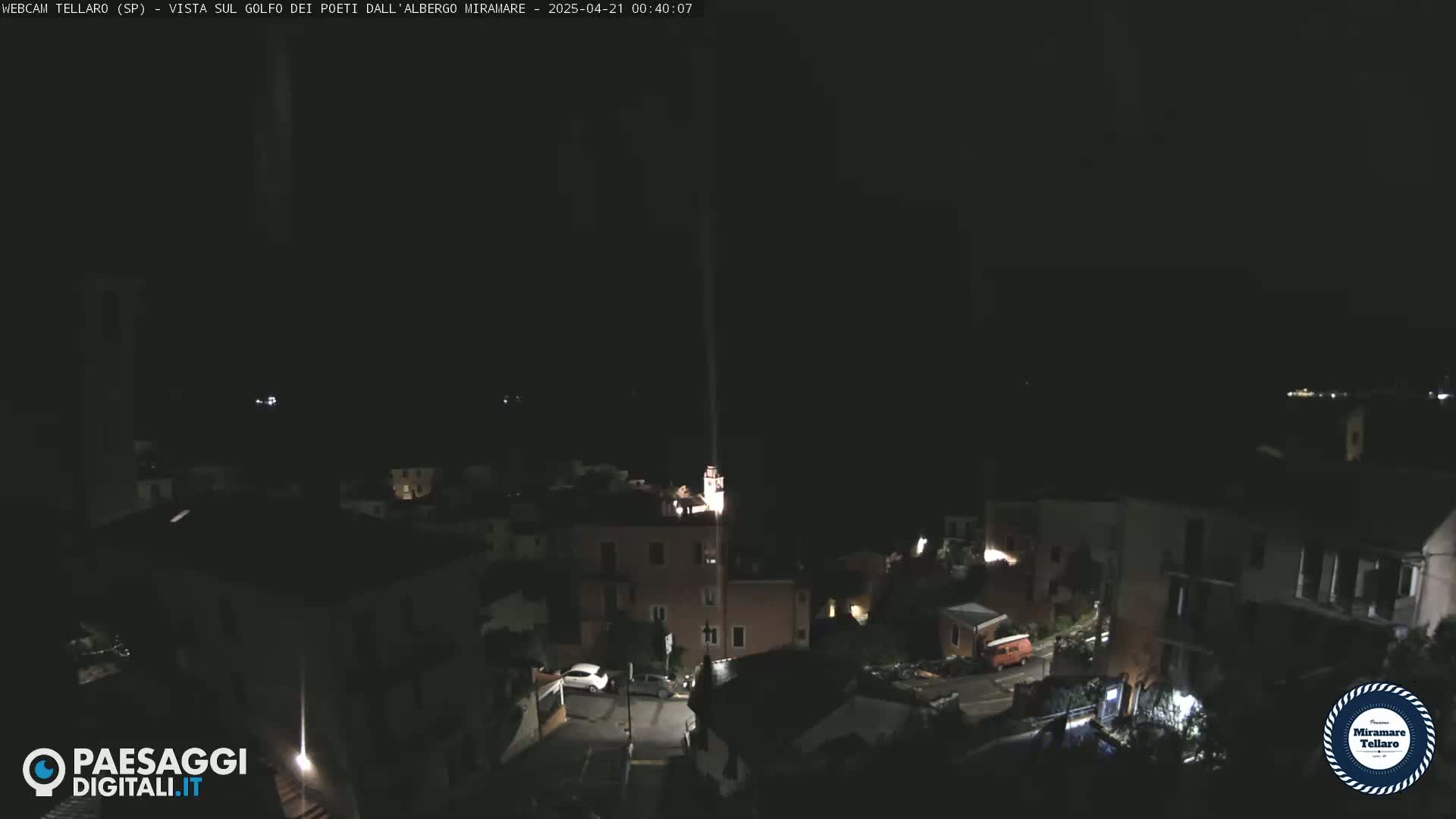 A nighttime, high-angle view of a small town, with dimly lit buildings and streets.