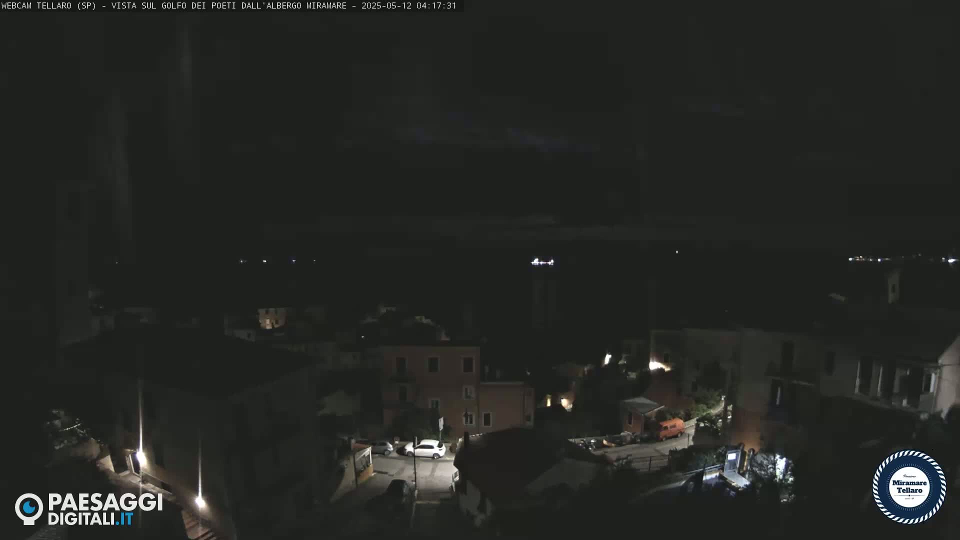 A nighttime, high-angle view of a small town nestled near a dark body of water.