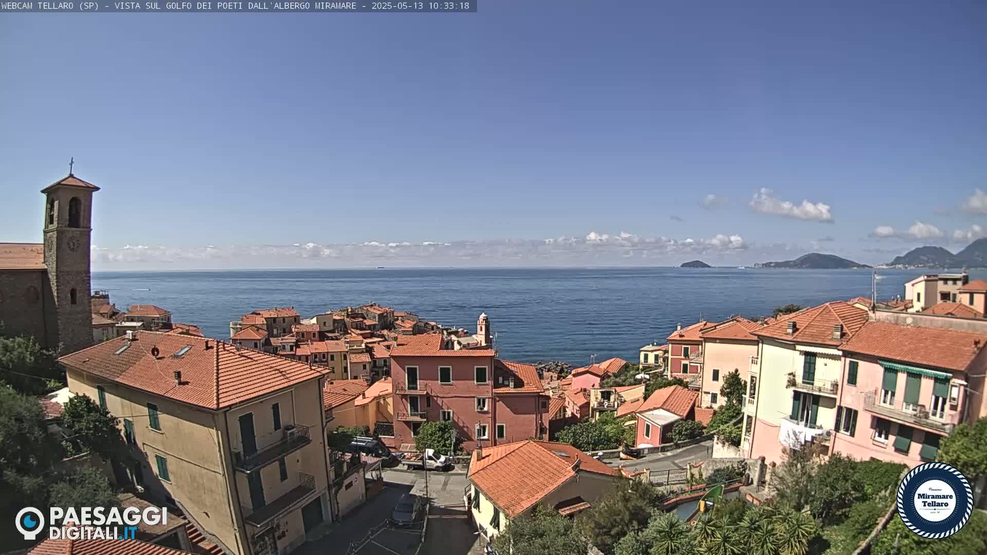 A coastal town with red-tiled roofs overlooks a calm sea under a mostly clear blue sky with a few scattered clouds.
