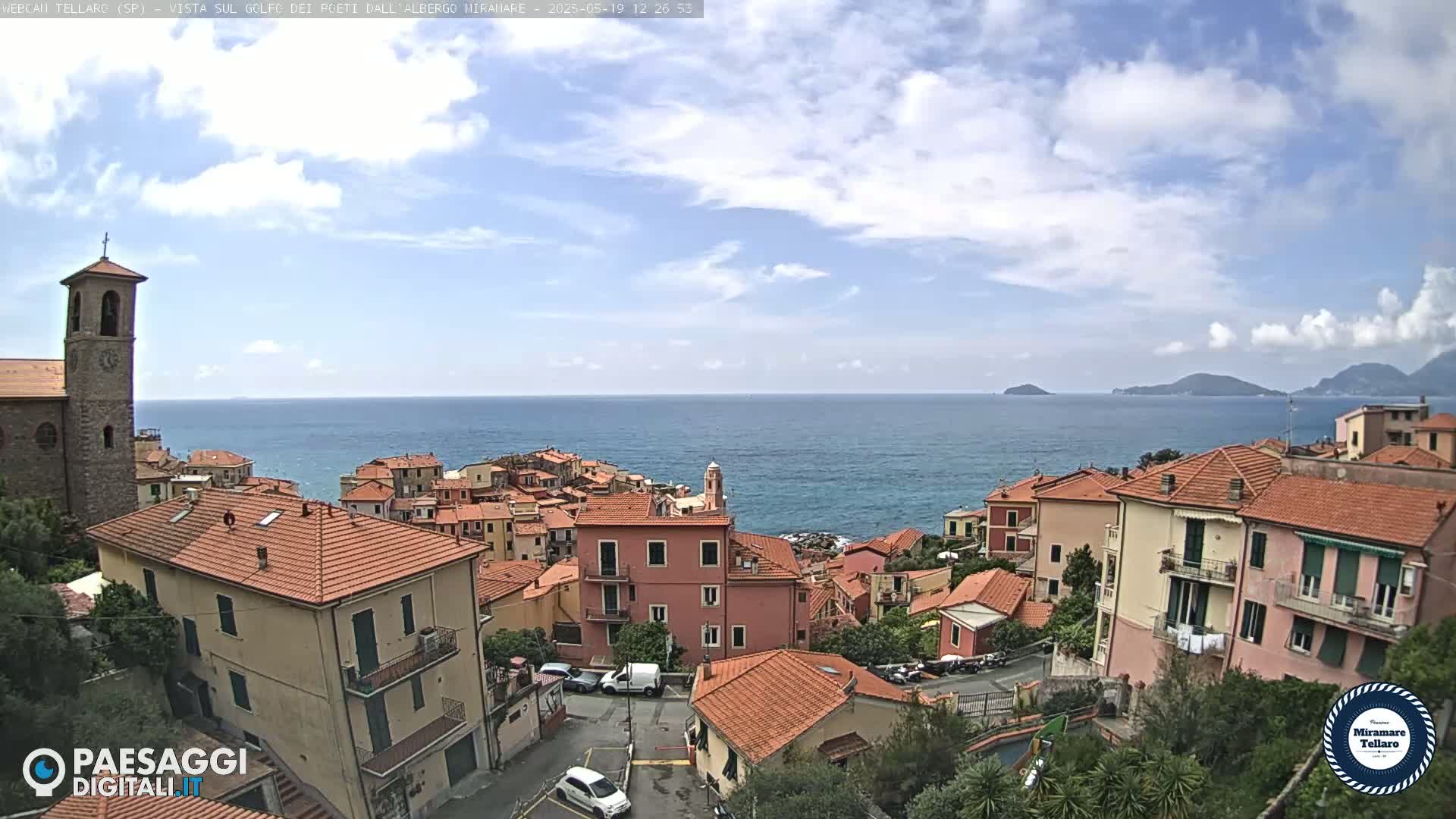 A coastal town with red-tiled roofs and a church steeple overlooks a calm sea under a partly cloudy sky.
