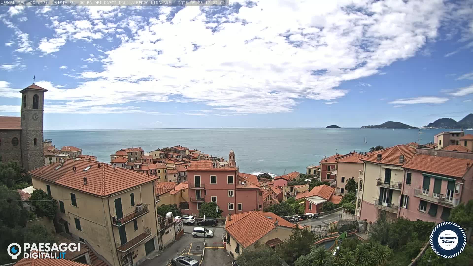 A coastal town with red-tiled roofs overlooks a calm sea under a partly cloudy sky.