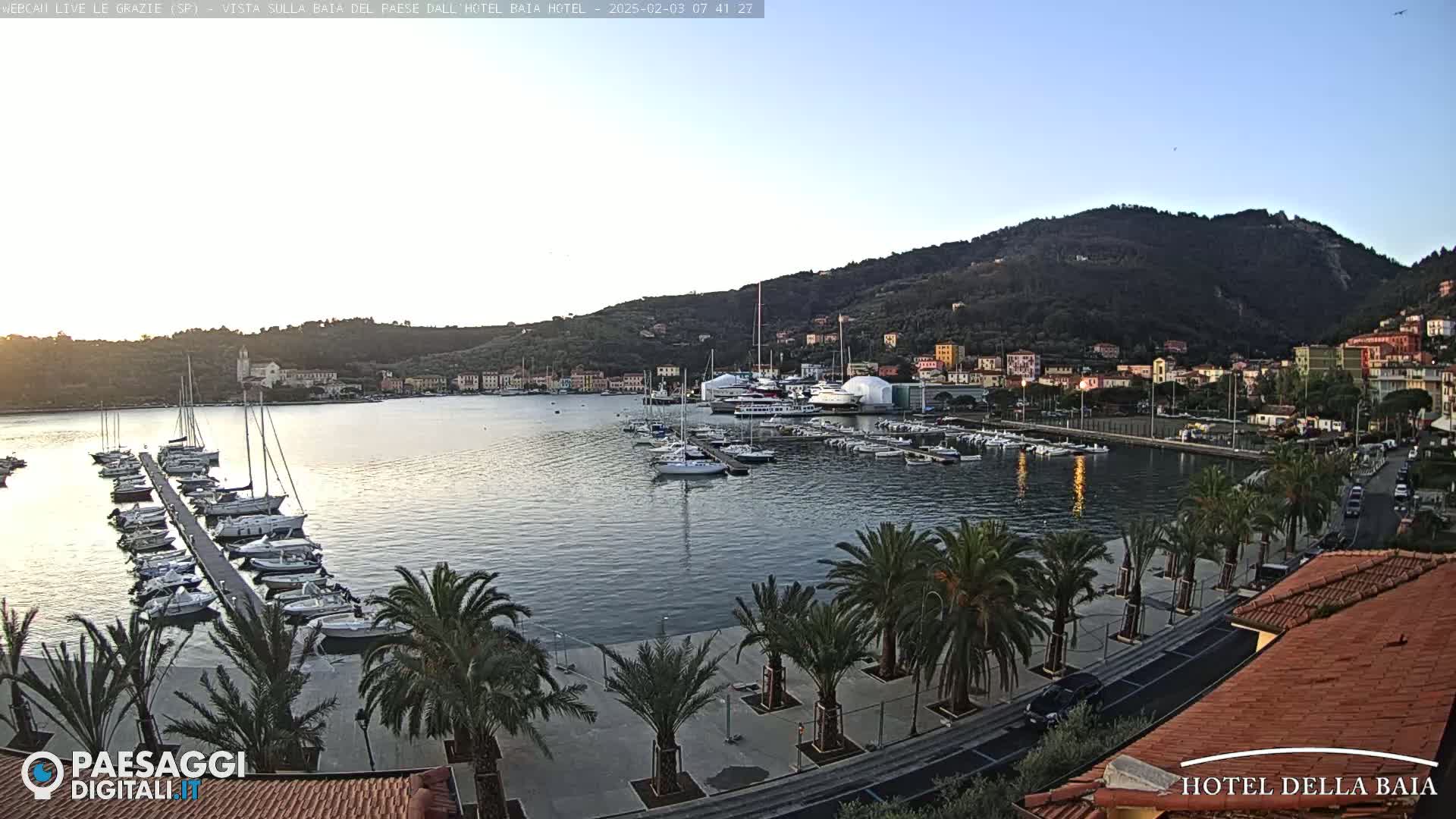 A calm harbor filled with sailboats is nestled in a town at the foot of a mountain under a clear, twilight sky.