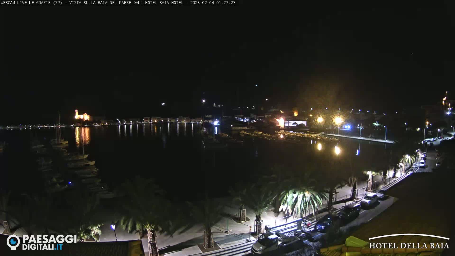 A nighttime view of a harbor filled with boats, a town with lit buildings, and palm trees lining a roadway.