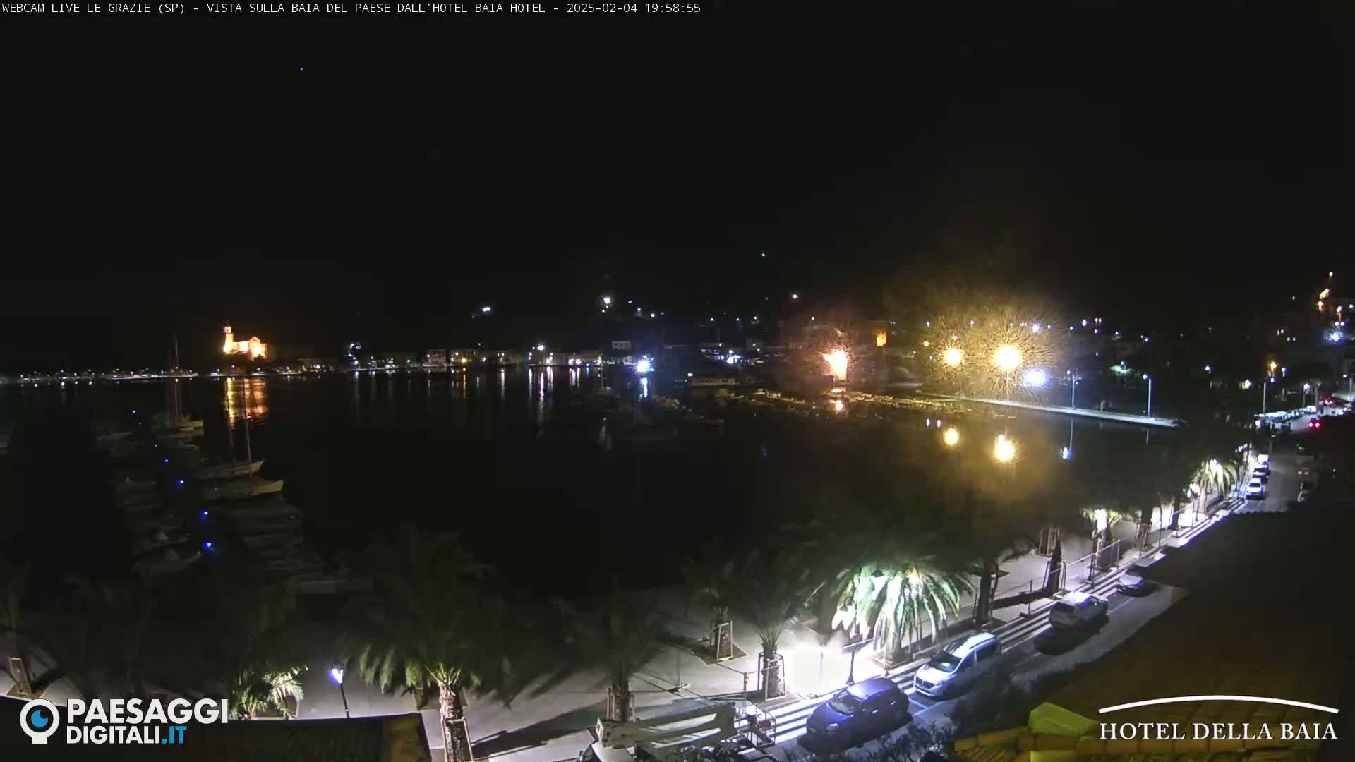 A nighttime view of a harbor town with boats docked, palm trees lining a waterfront promenade, and lights illuminating buildings across the water under a clear, dark sky.