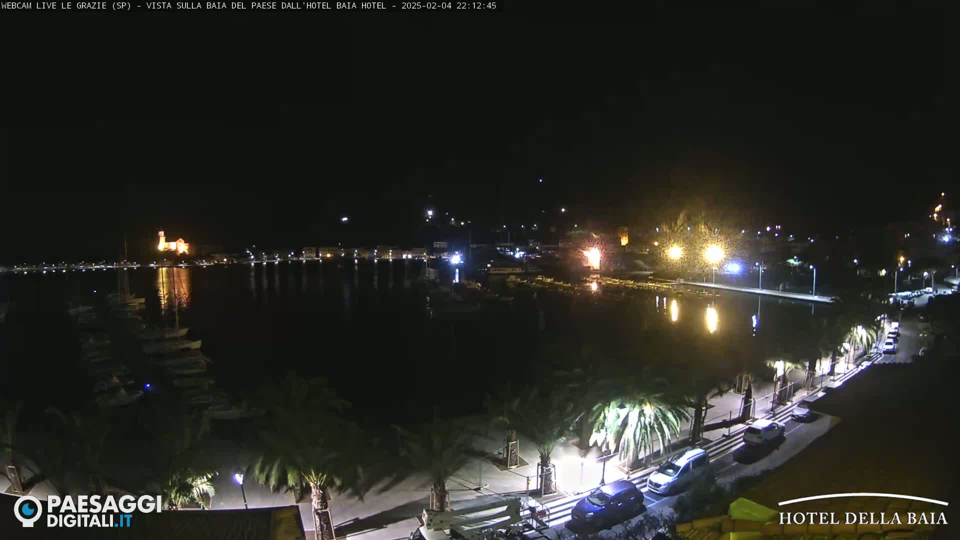 A nighttime view of a harbor with boats, palm trees lining a paved walkway, and illuminated buildings across the water.