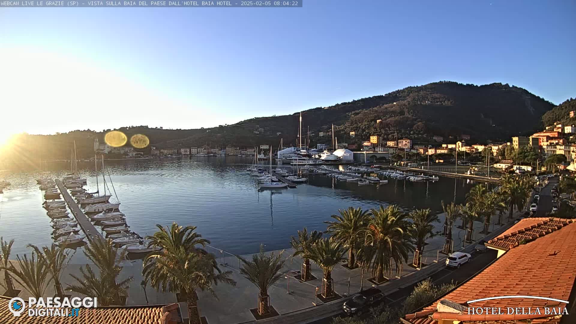 A calm harbor filled with sailboats and yachts is nestled beneath sunlit hills on a clear morning.