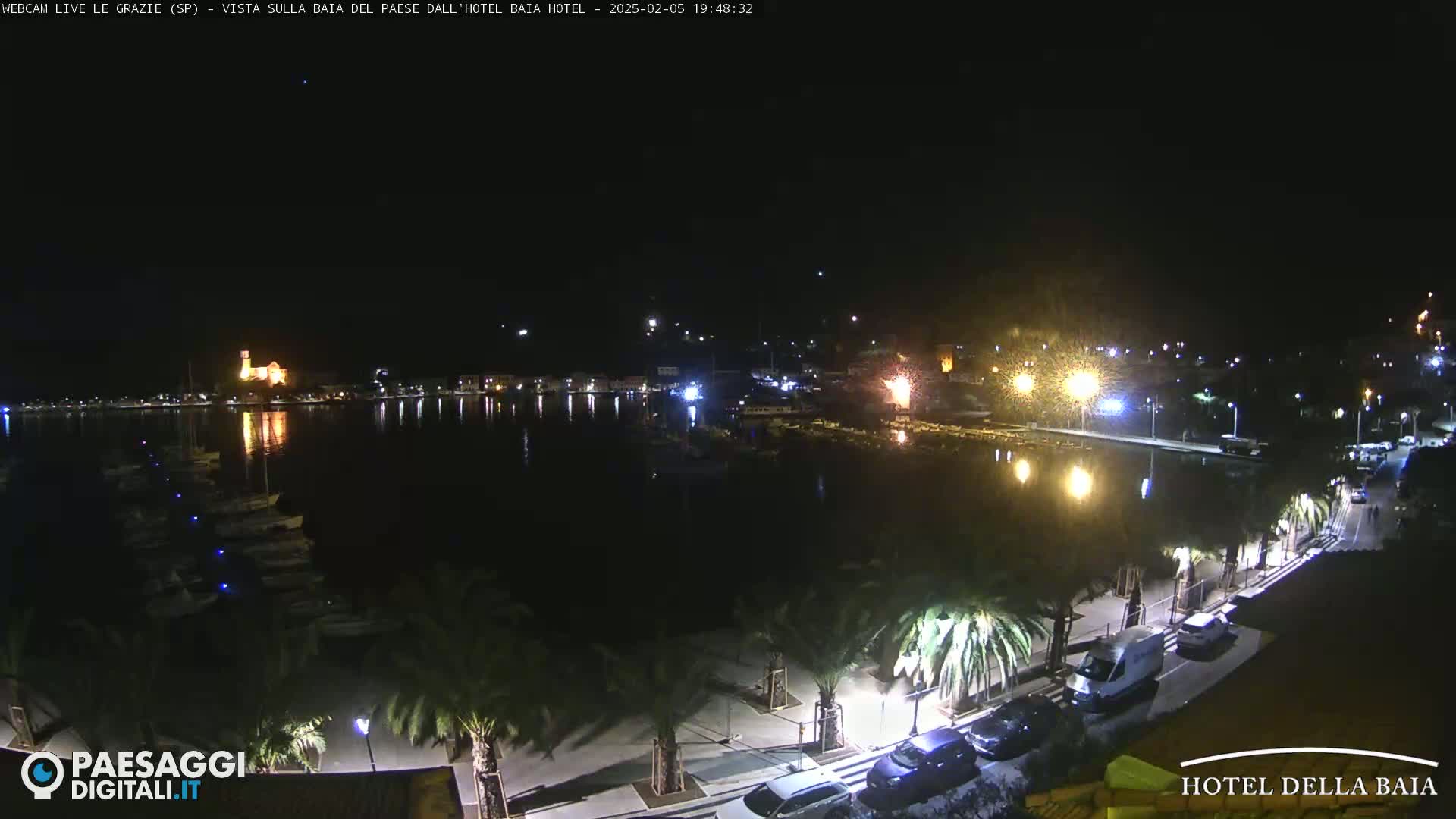A nighttime view of a harbor with boats, palm trees lining a waterfront walkway, and buildings illuminated on the opposite shore.