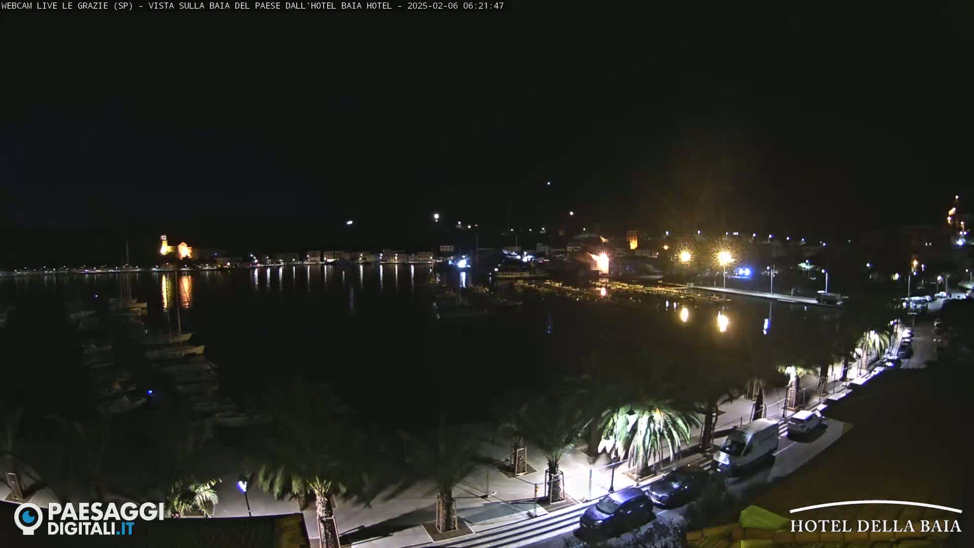 A nighttime view of a harbor filled with boats, lit by streetlights and building lights, under a clear, dark sky.