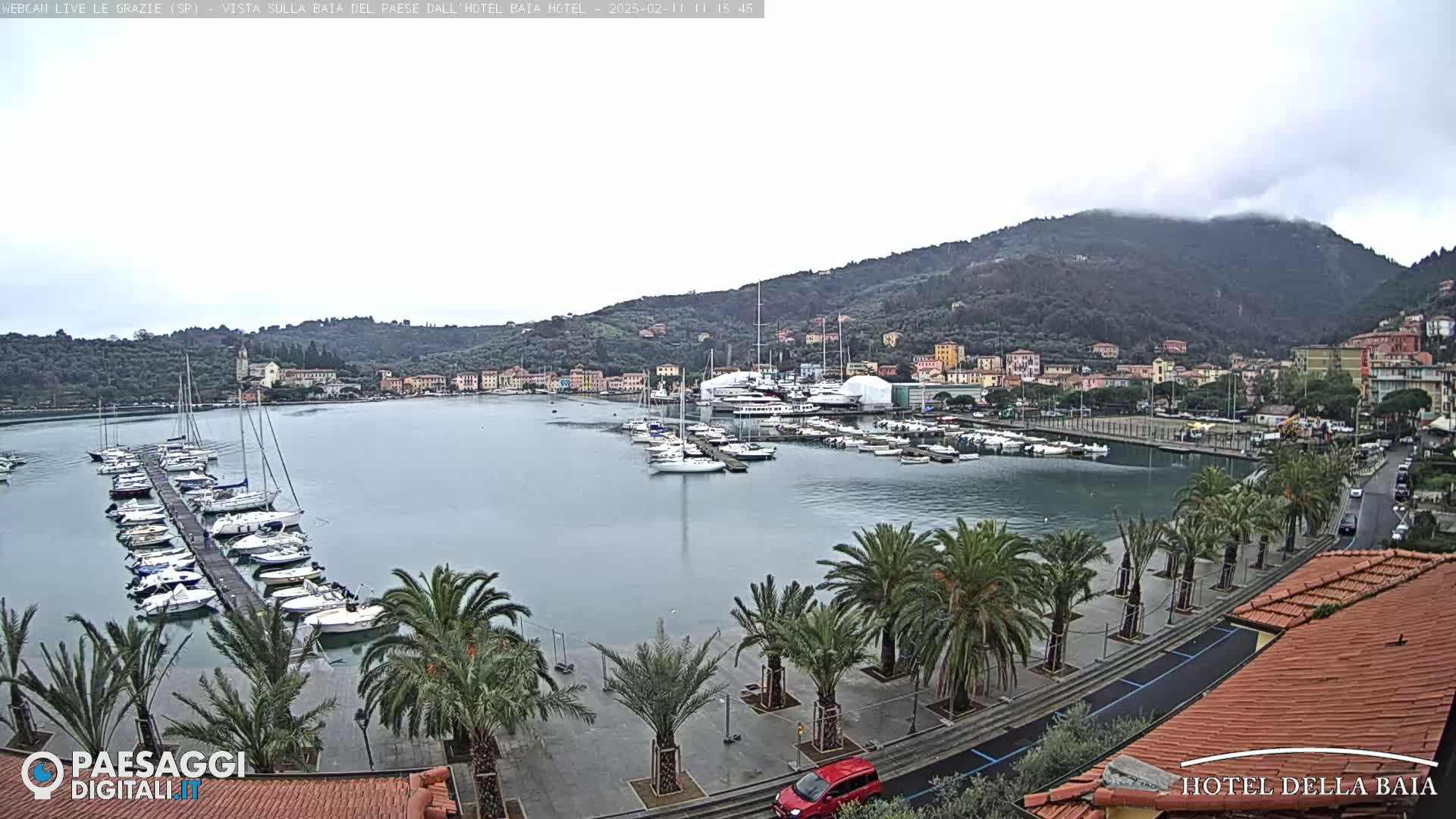 A harbor filled with sailboats and yachts is nestled beside a town at the base of a clouded mountain under an overcast sky.