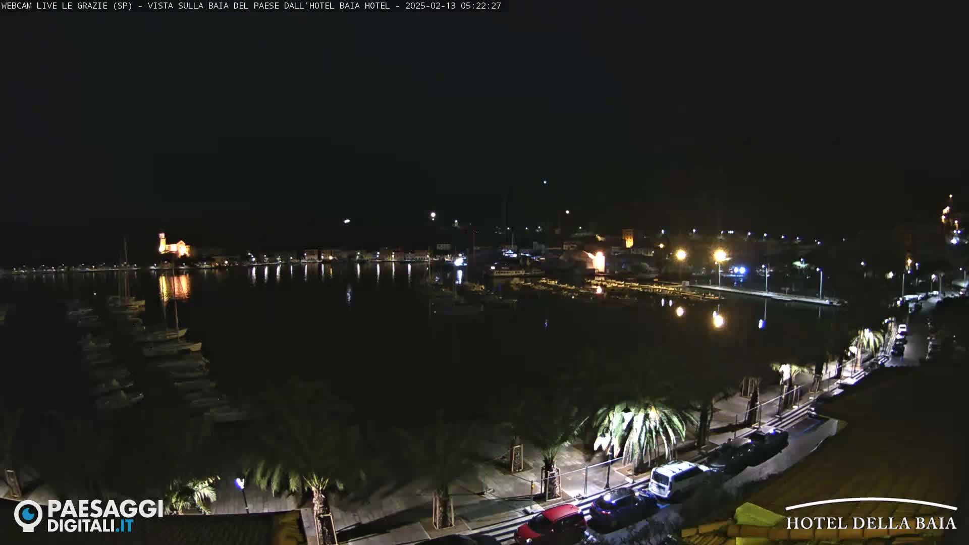 A nighttime view of a harbor with boats, illuminated buildings across the water, and palm trees lining a roadway.