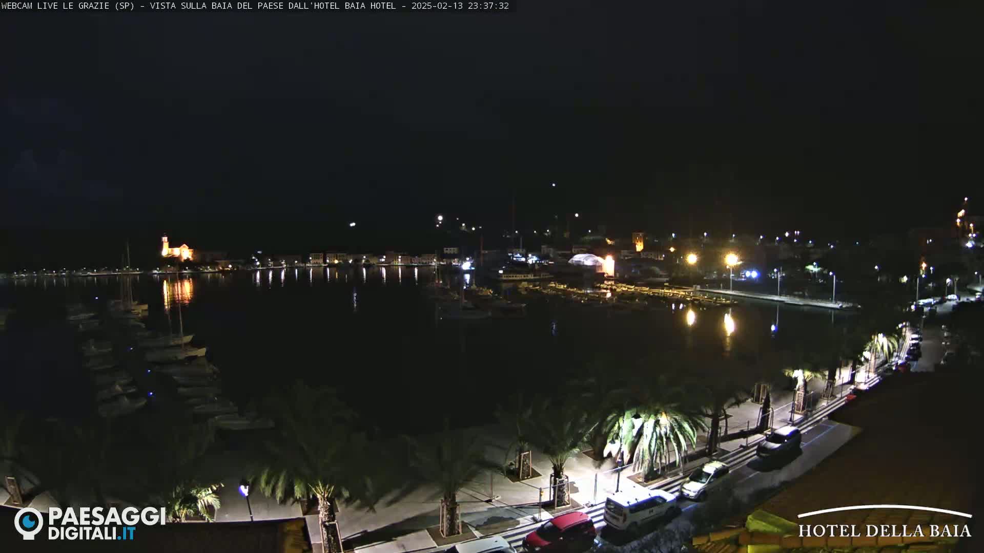 A nighttime view of a harbor filled with boats, a town with lights reflecting on the water, and a palm tree-lined road with parked cars.