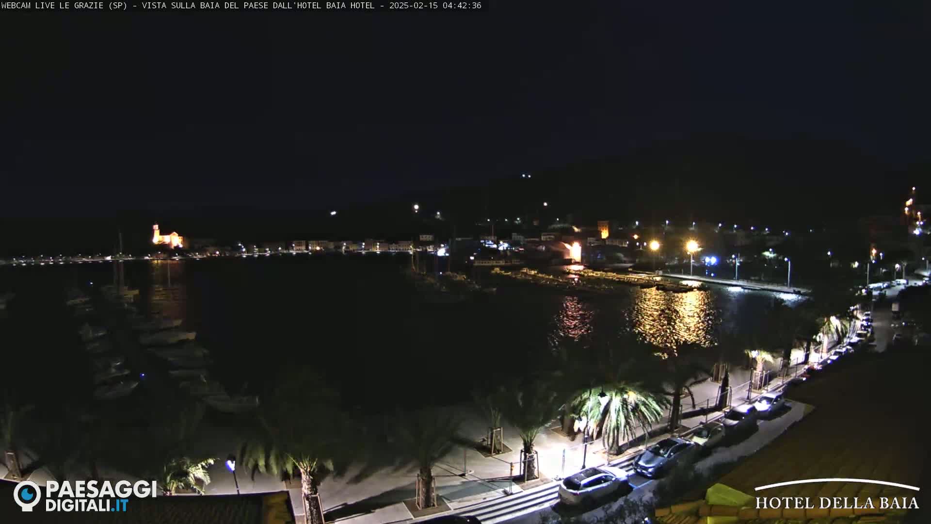 A nighttime view of a harbor town's waterfront, illuminated by lights along a palm-tree lined road and reflecting on the calm water.