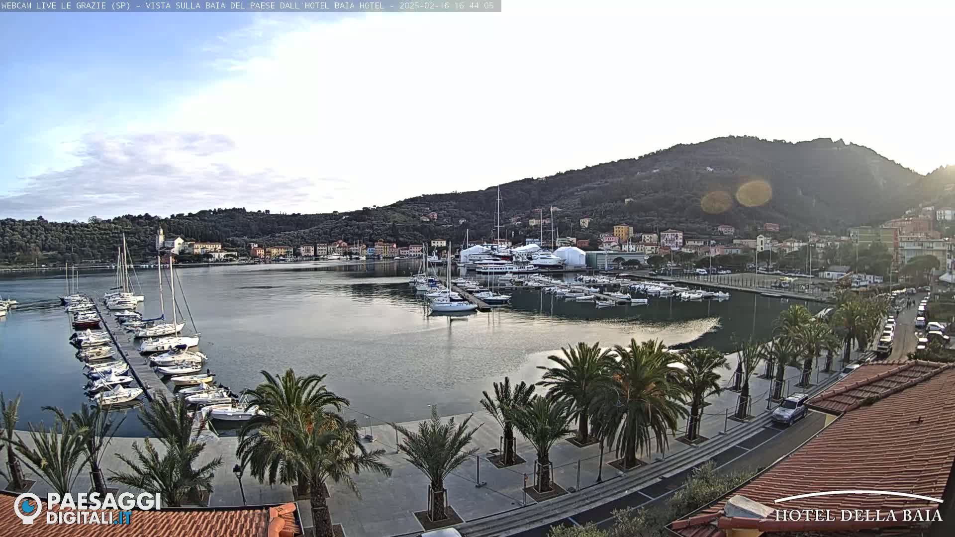 A calm harbor filled with sailboats and yachts is situated near a town nestled against a hillside under a partly cloudy sky.