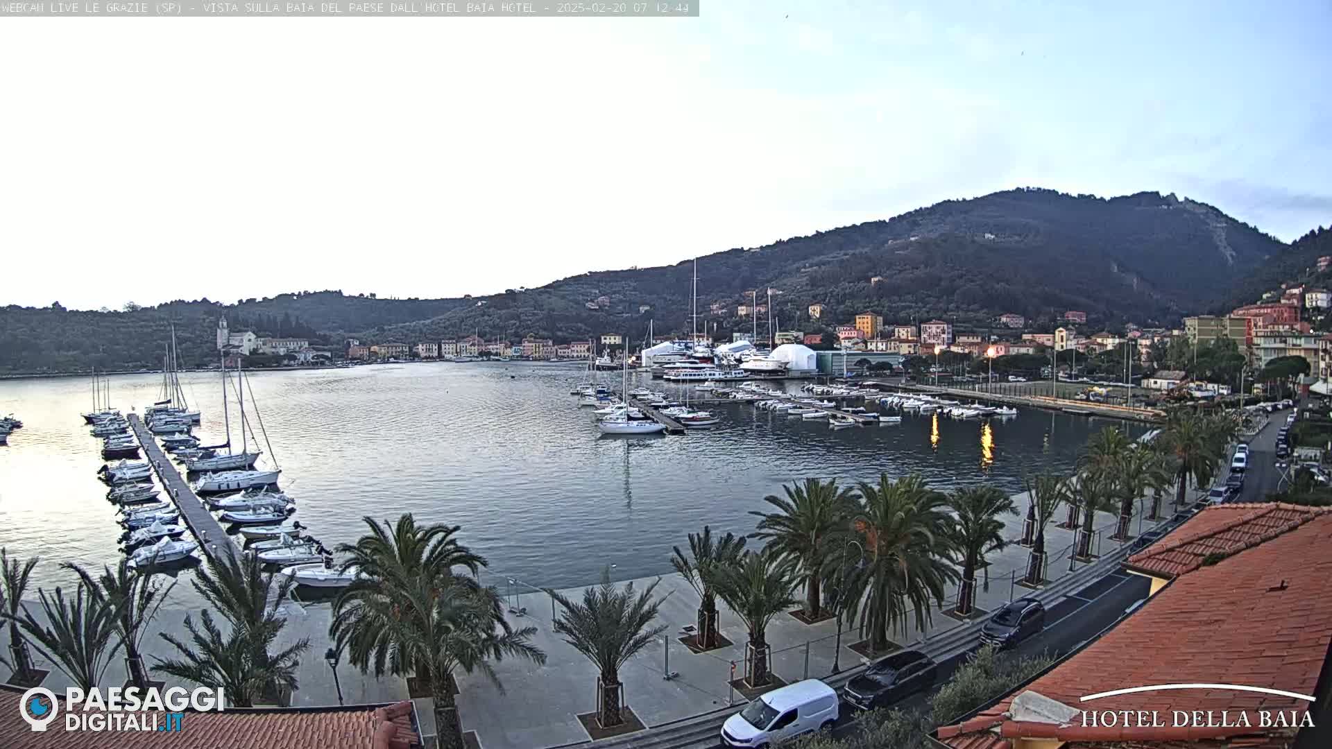 A harbor filled with sailboats and yachts sits below a hillside town under a twilight sky.