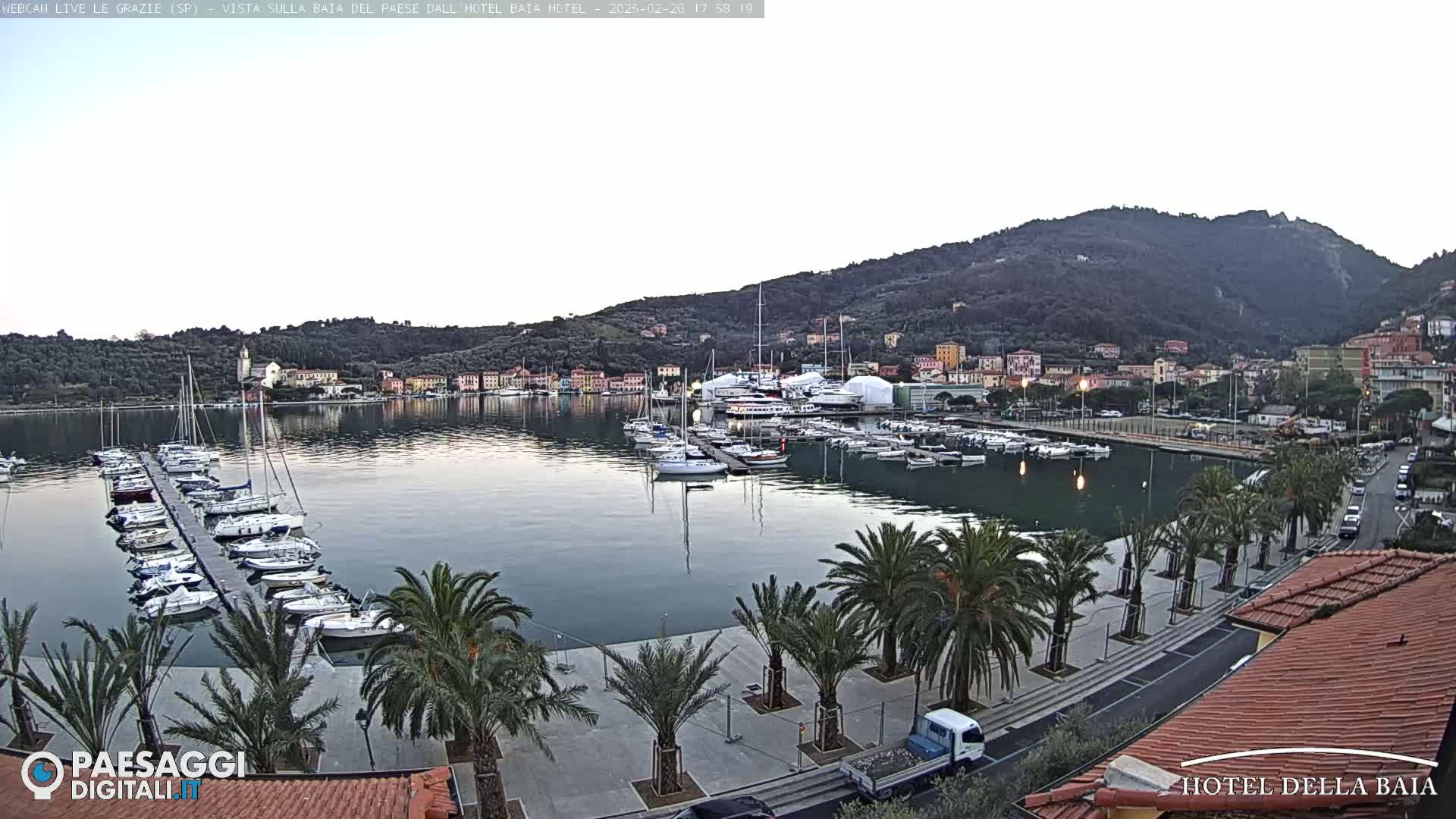 A calm harbor filled with sailboats and yachts is nestled beside a town situated at the foot of a hill, under a twilight sky.