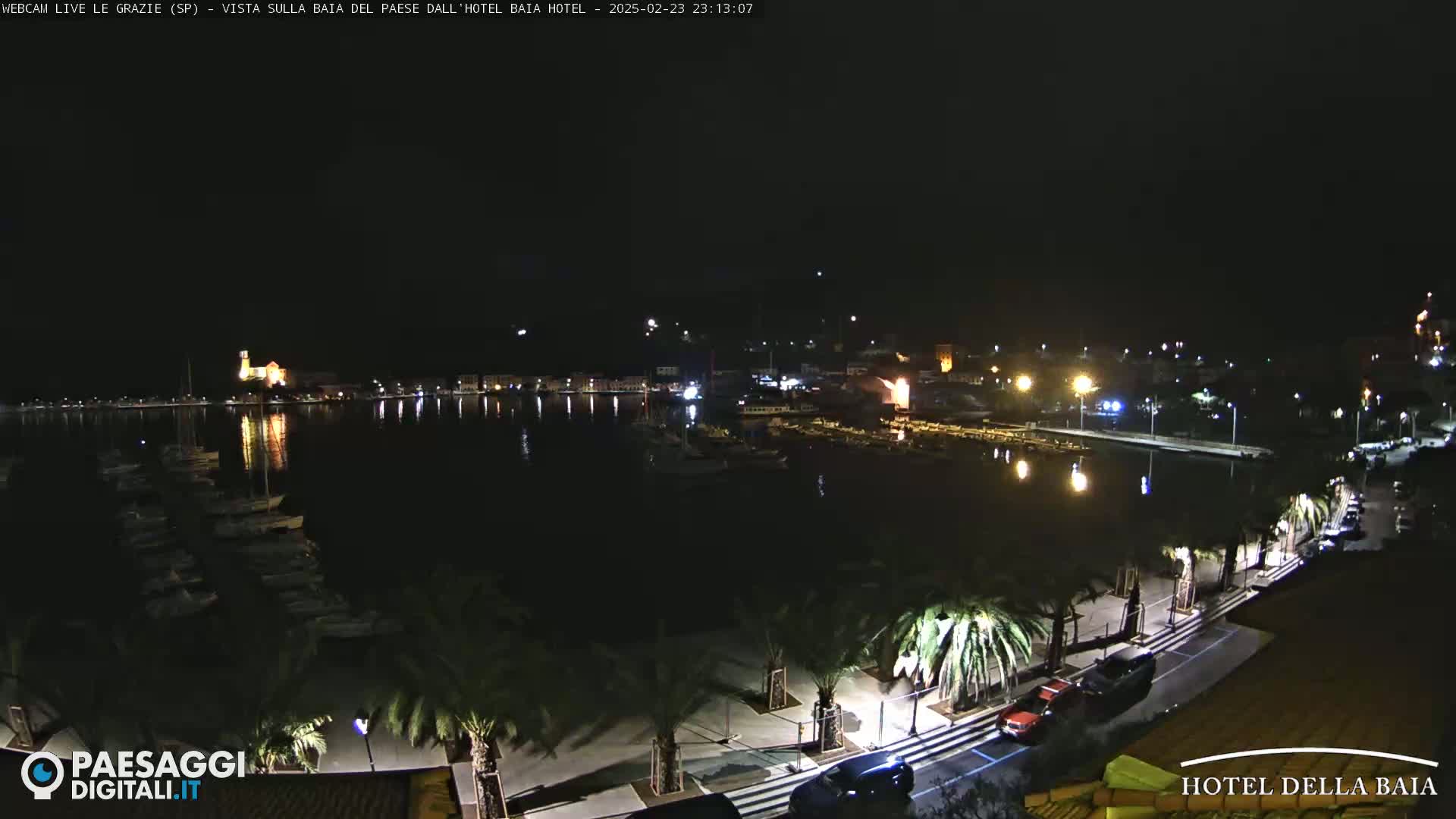 A nighttime view of a harbor with boats, palm trees lining a waterfront promenade, and a town illuminated in the distance.