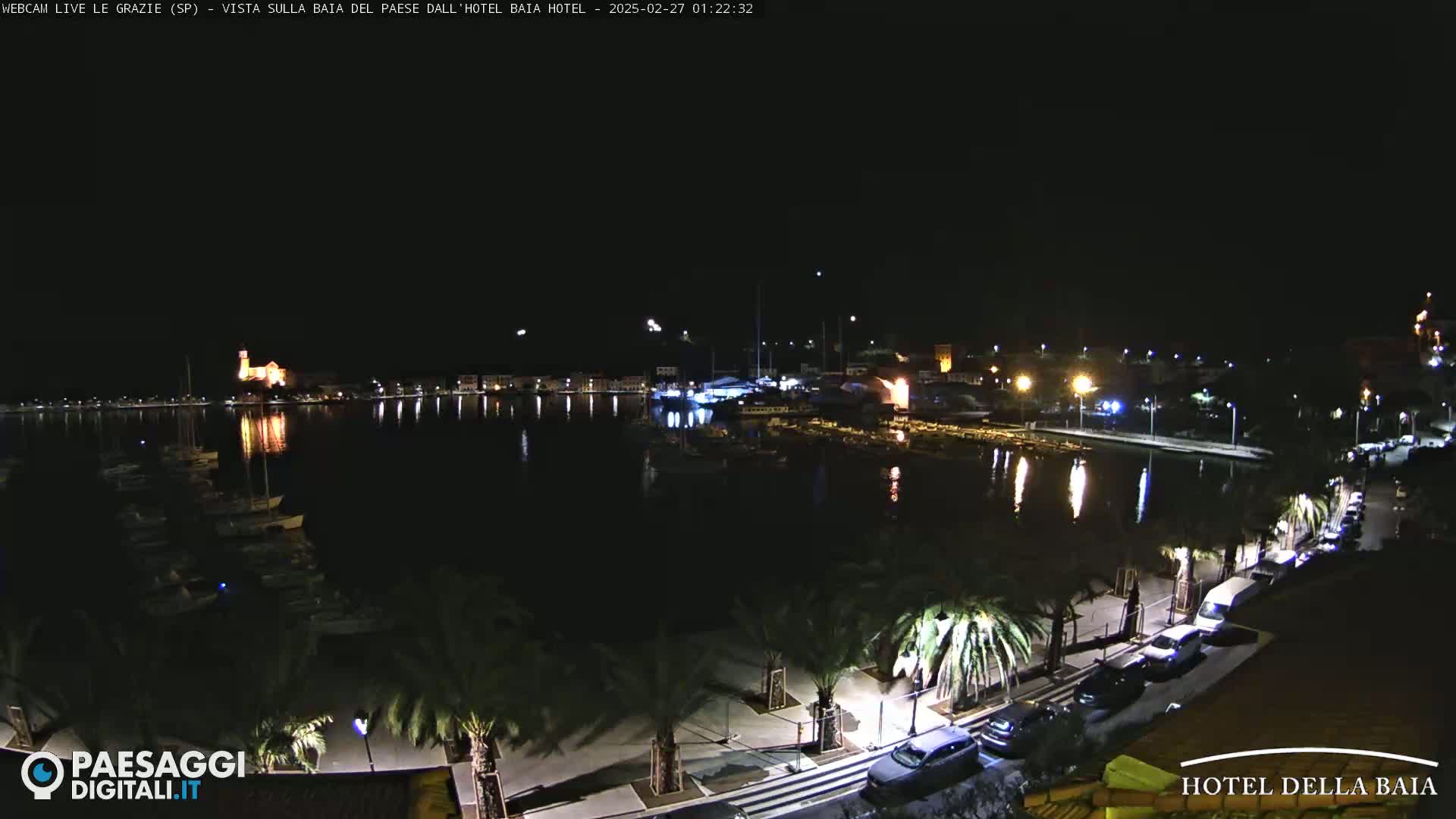 A nighttime view of a harbor with boats, lit buildings along the shore, and palm trees lining a roadway.