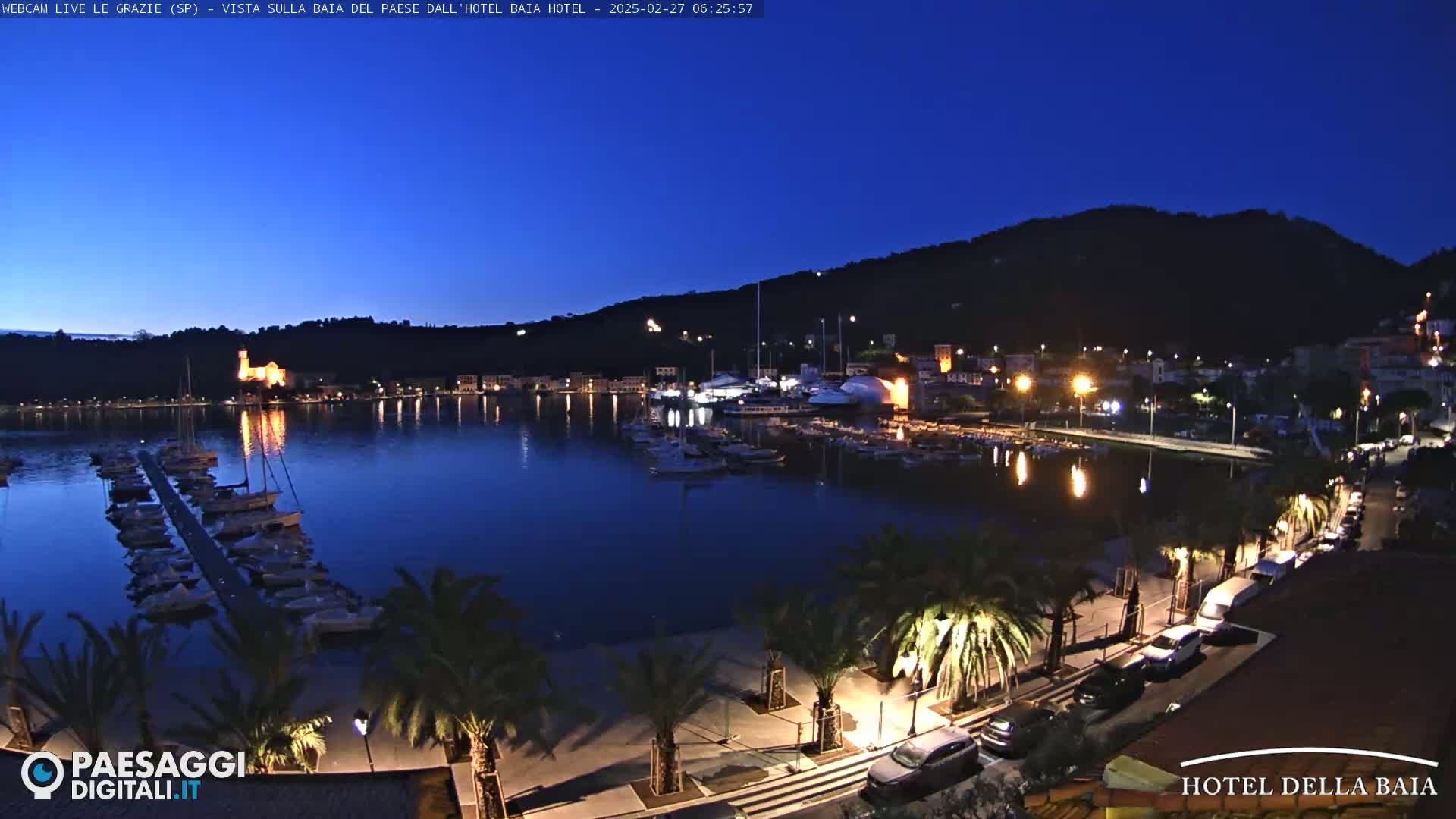 A nighttime view of a harbor filled with boats, lined with palm trees and buildings along the shore, under a twilight sky.