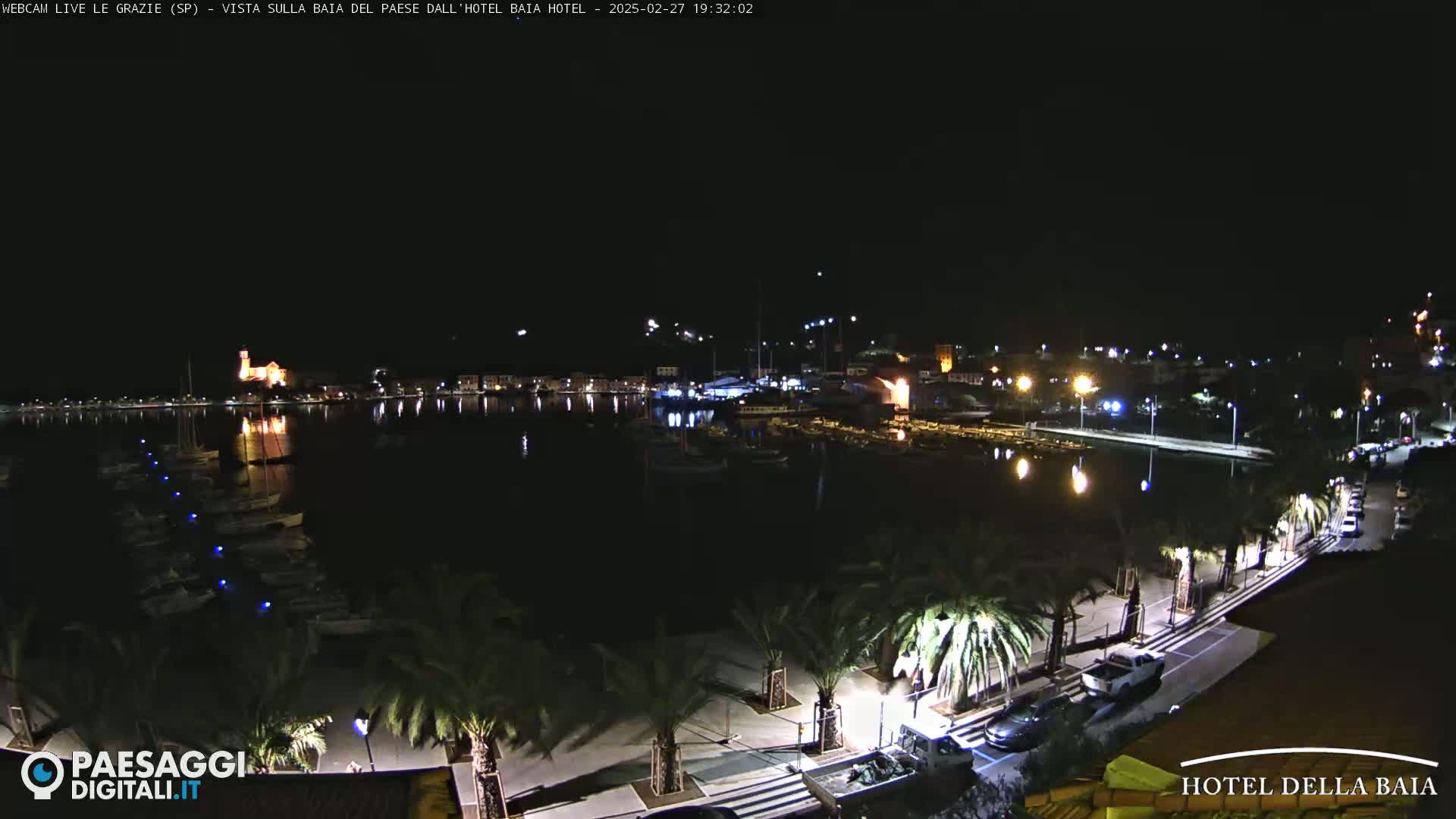 A nighttime view of a harbor with boats docked, palm trees lining a paved walkway, and a town illuminated in the background under a clear sky.