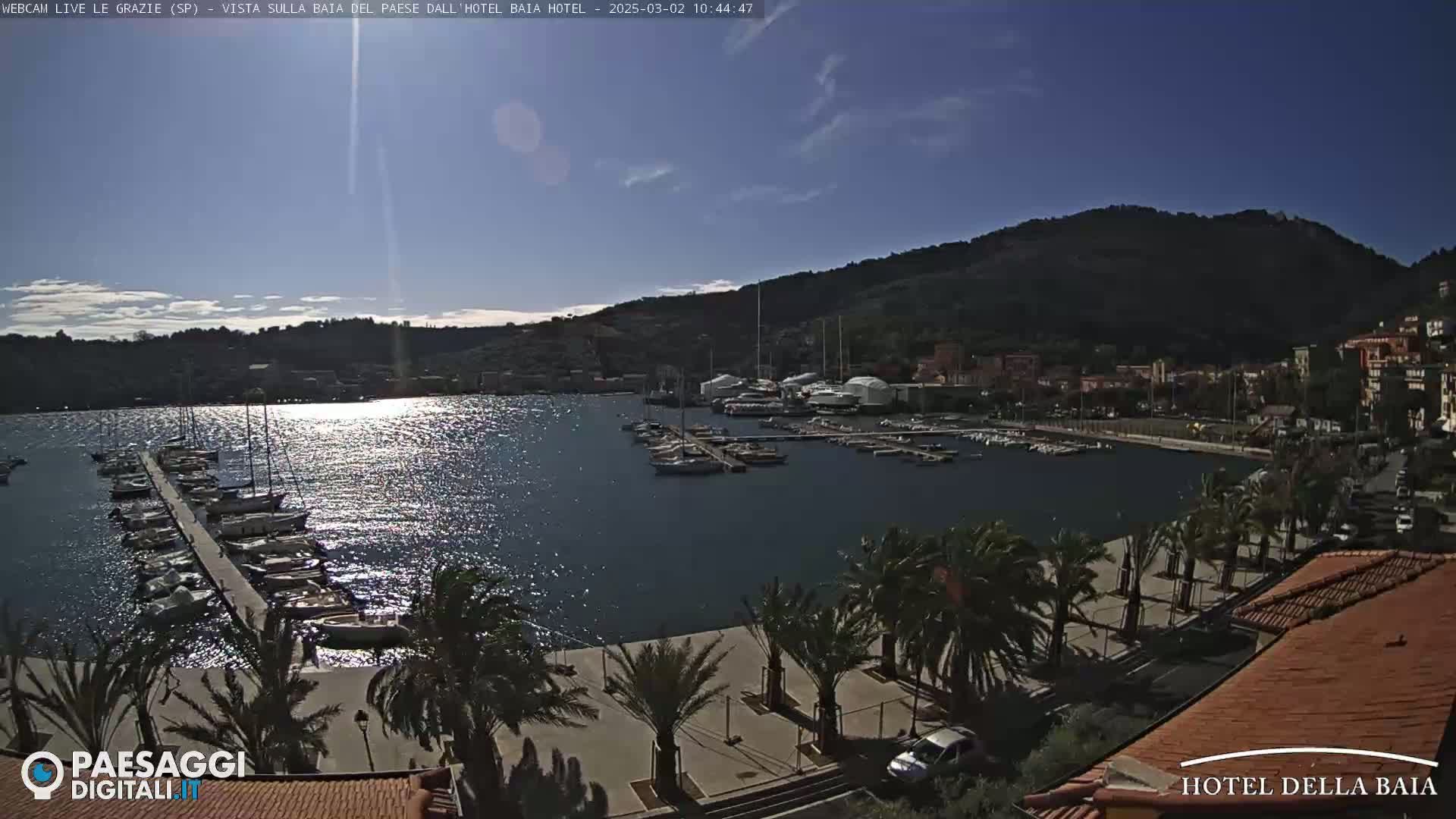 A sunny day reveals a harbor filled with sailboats, a town nestled against a hillside, and palm trees lining a waterfront plaza.