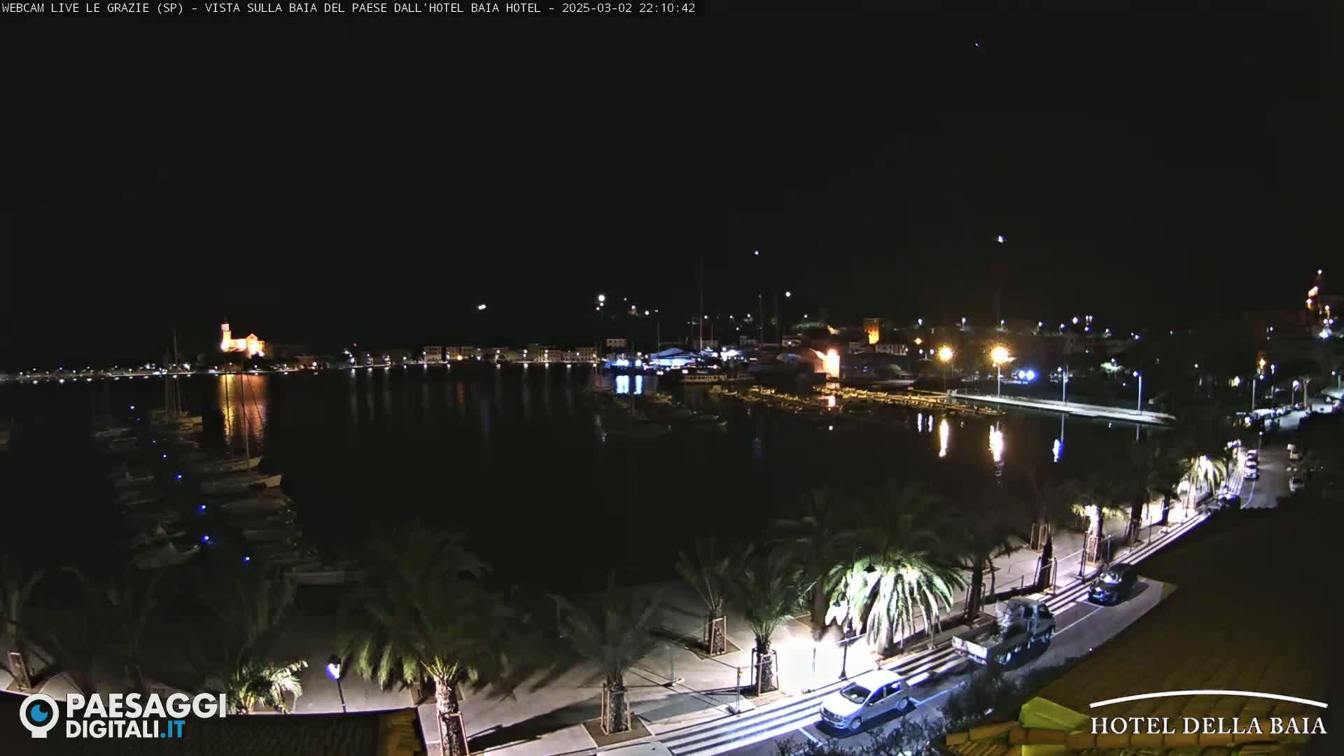 A nighttime view of a harbor town with boats in the water, palm trees lining a waterfront promenade, and cars on the road.