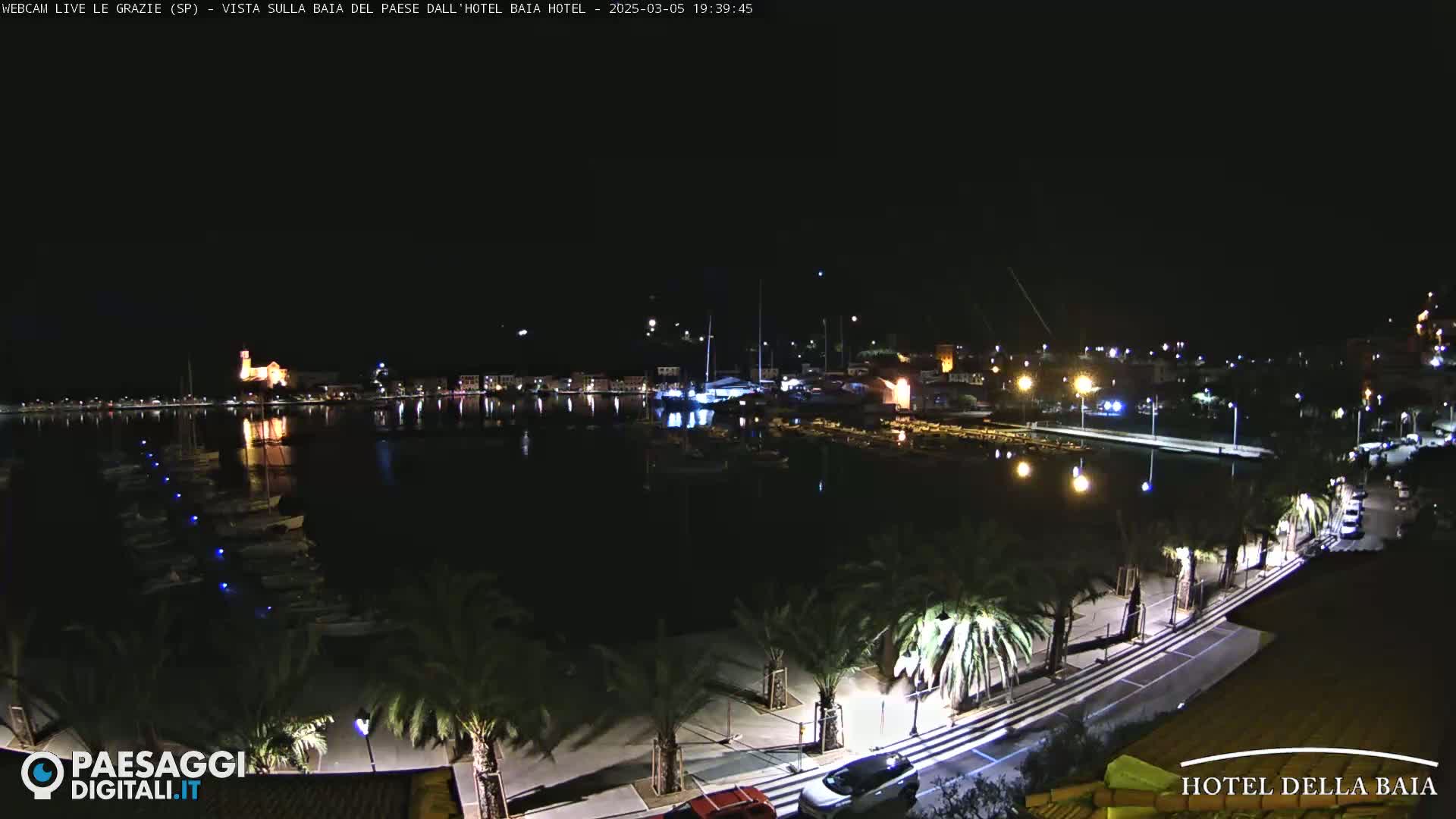 A nighttime view of a harbor, with boats moored and lights illuminating the waterfront and surrounding buildings, under a clear, dark sky.