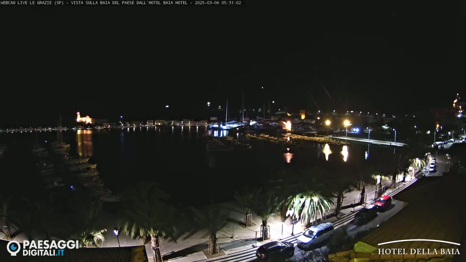 A nighttime view of a harbor filled with boats, a town with illuminated buildings, and a waterfront promenade lined with palm trees and cars.