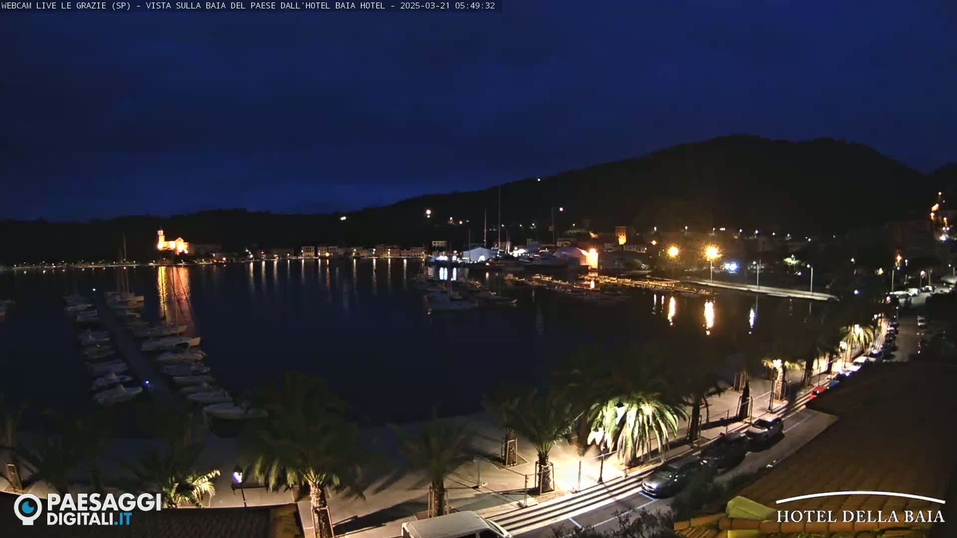 A nighttime view of a harbor filled with boats, a town with lit buildings, and palm trees lining a roadway, under a dark blue sky.