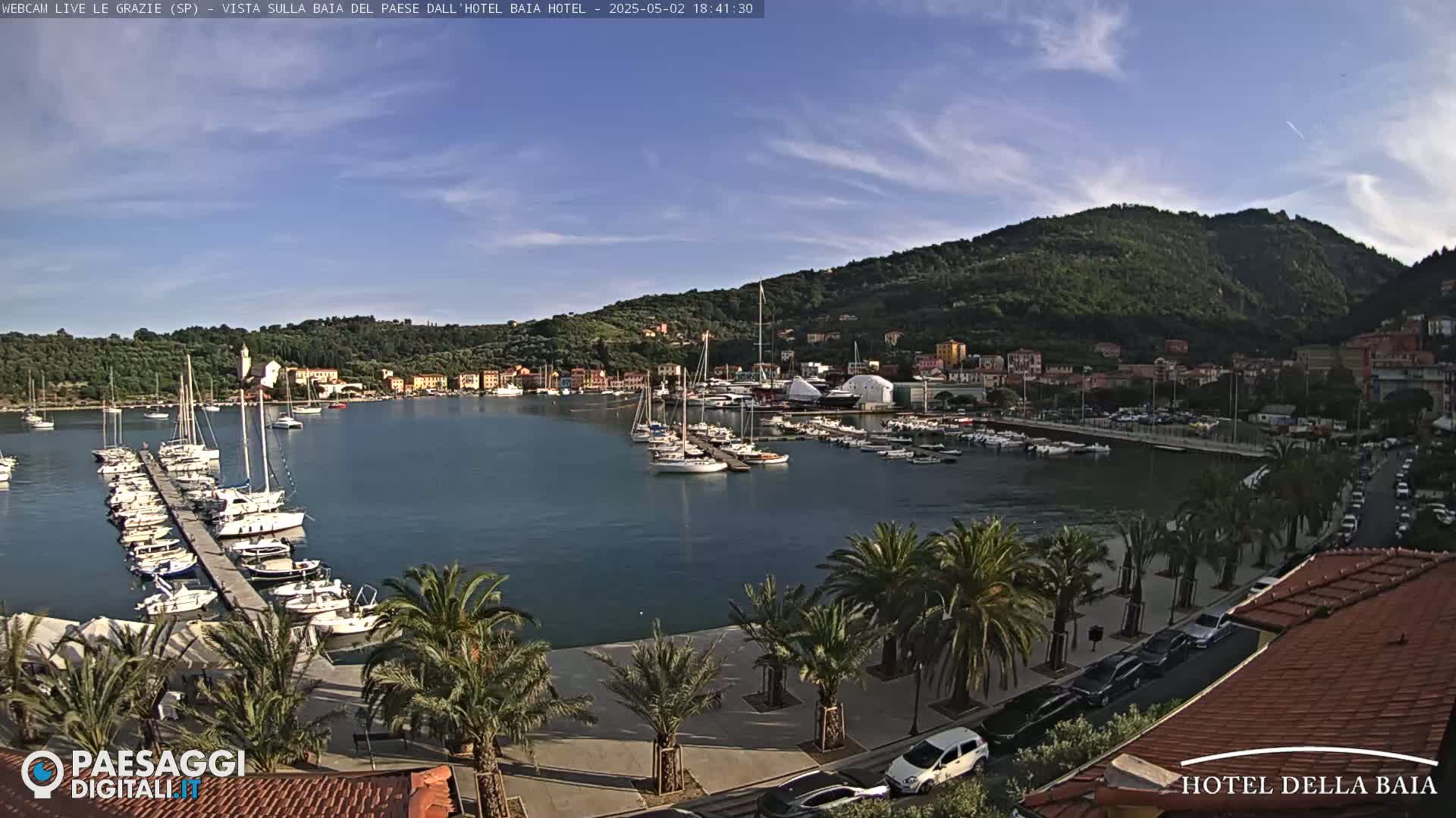 A harbor filled with sailboats and yachts is situated below a hill covered in lush green vegetation under a partly cloudy sky.