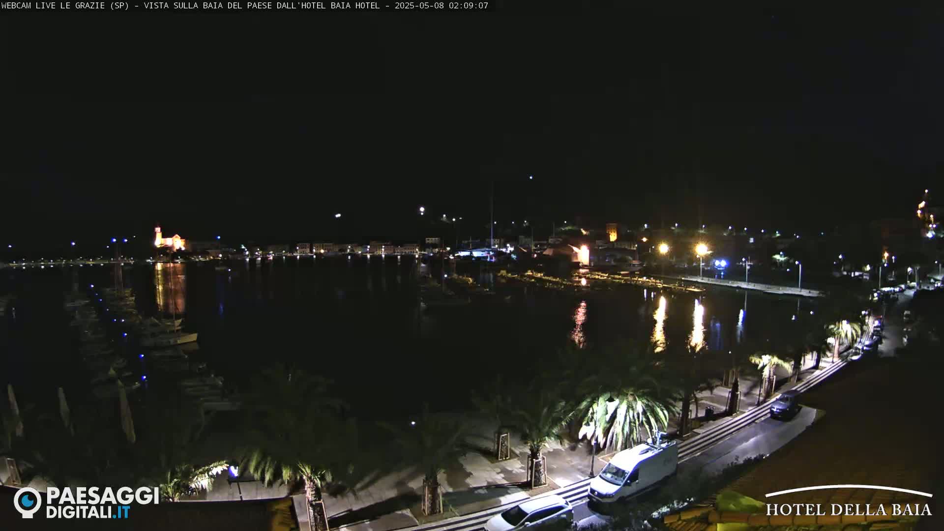 A nighttime view of a harbor filled with boats, a town with illuminated buildings, and a palm tree-lined roadway.