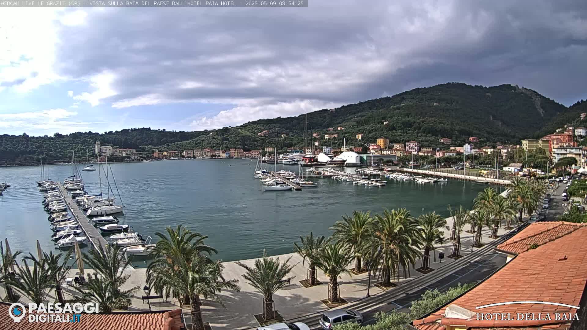 A harbor filled with sailboats and yachts is situated below a hillside town under a partly cloudy sky.